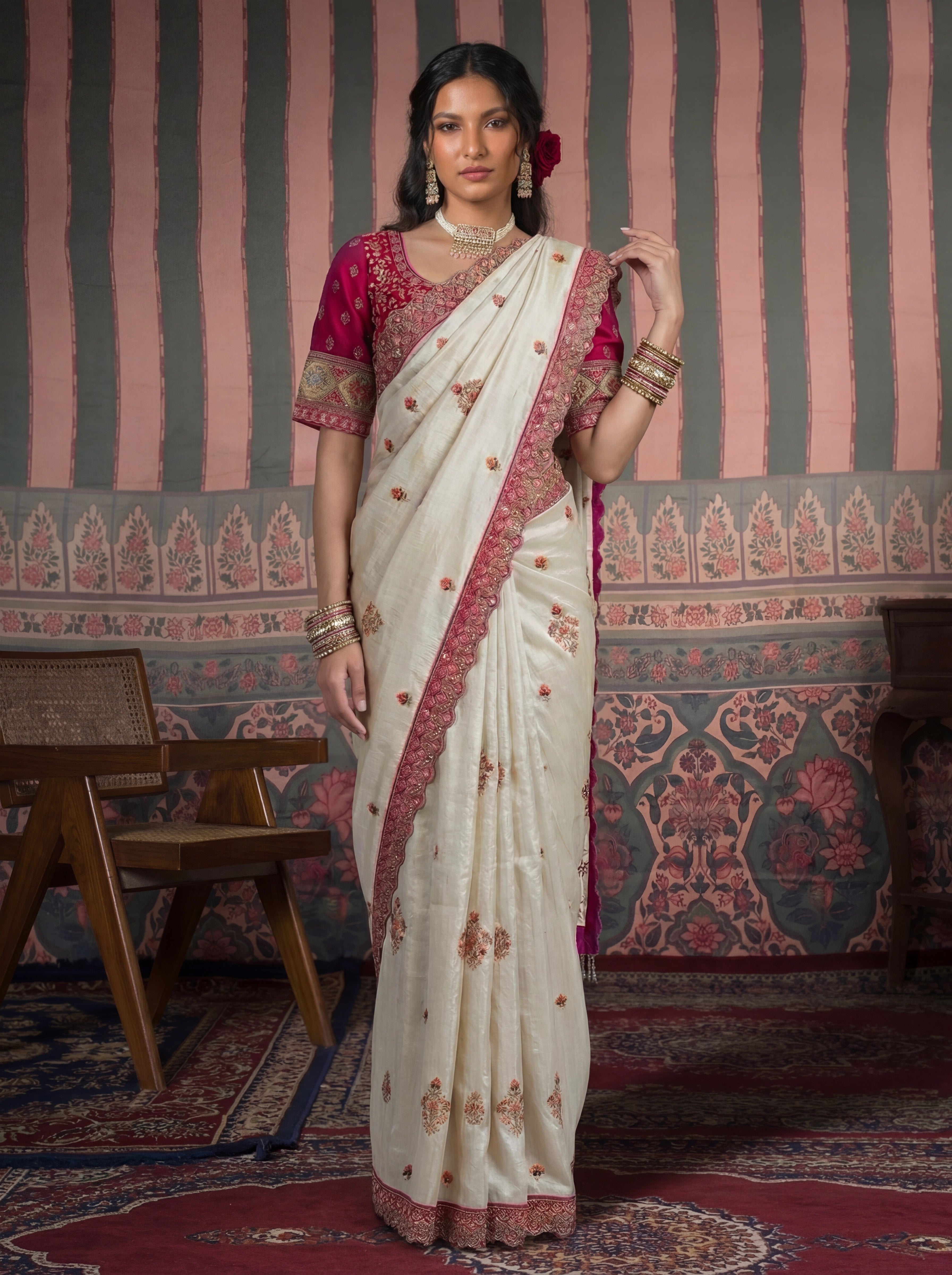 Ivory Tissue Embroidery Sequins Handwork Bridal Saree