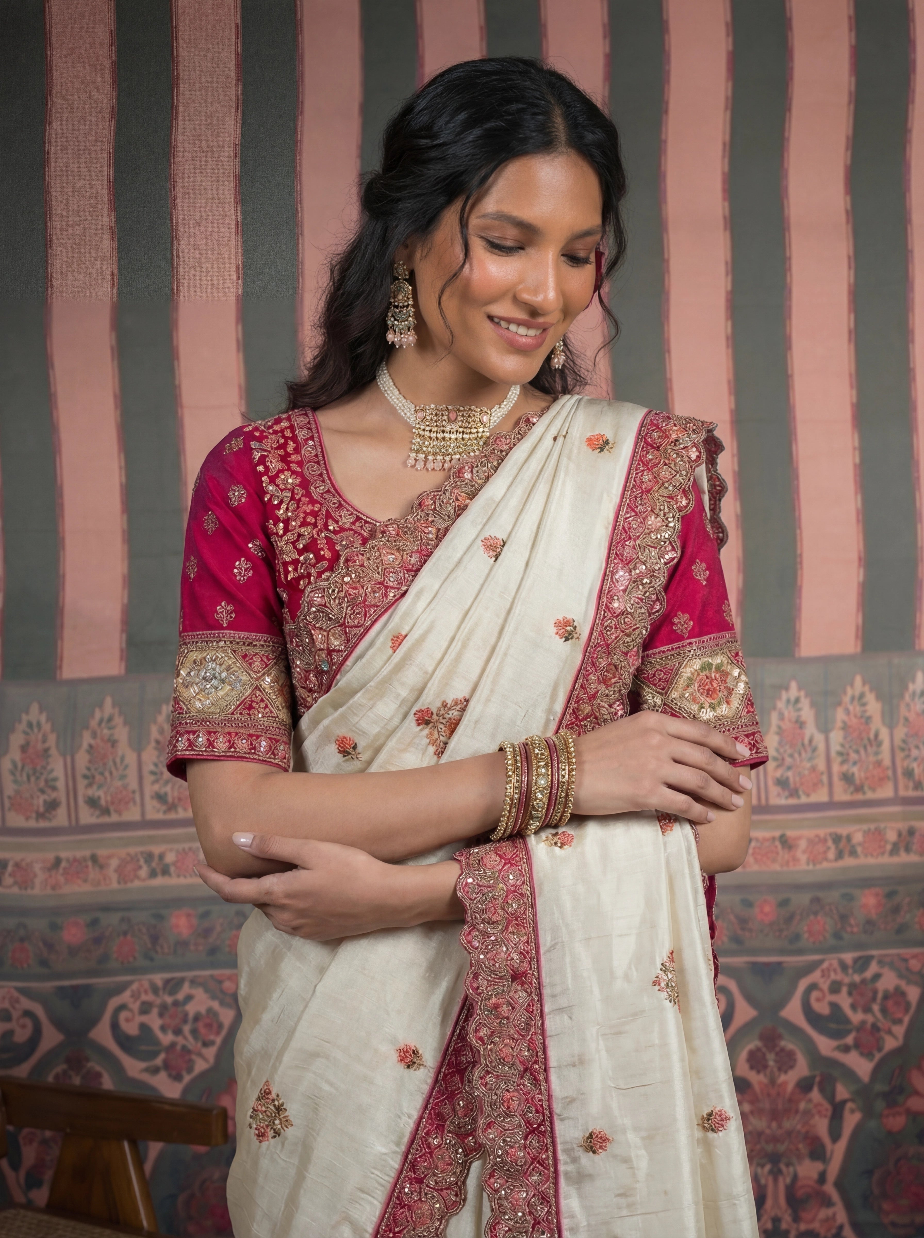 Ivory Tissue Embroidery Sequins Handwork Bridal Saree