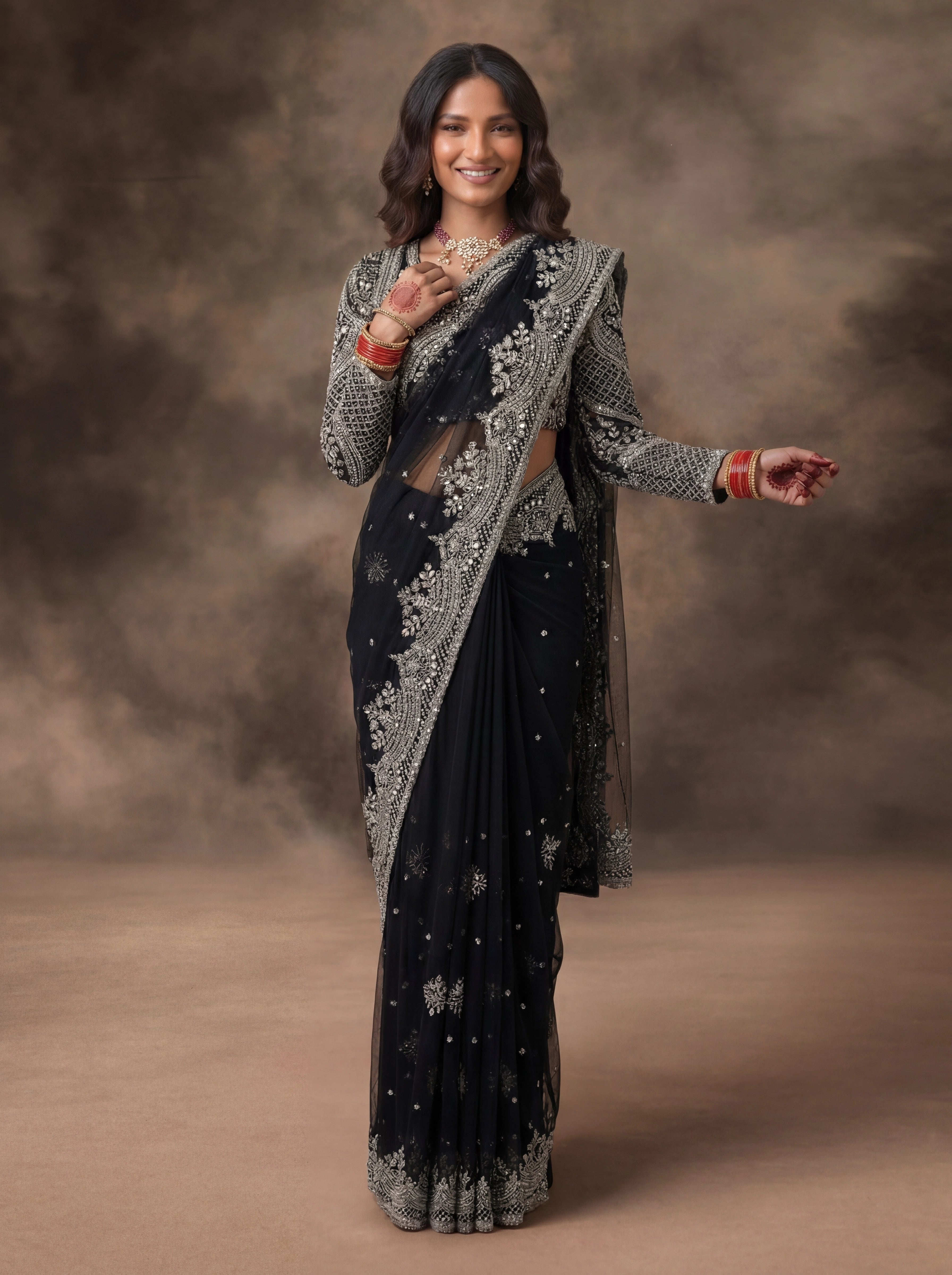Jet Black Net Embroidery Sequins Handwork Bridal Saree