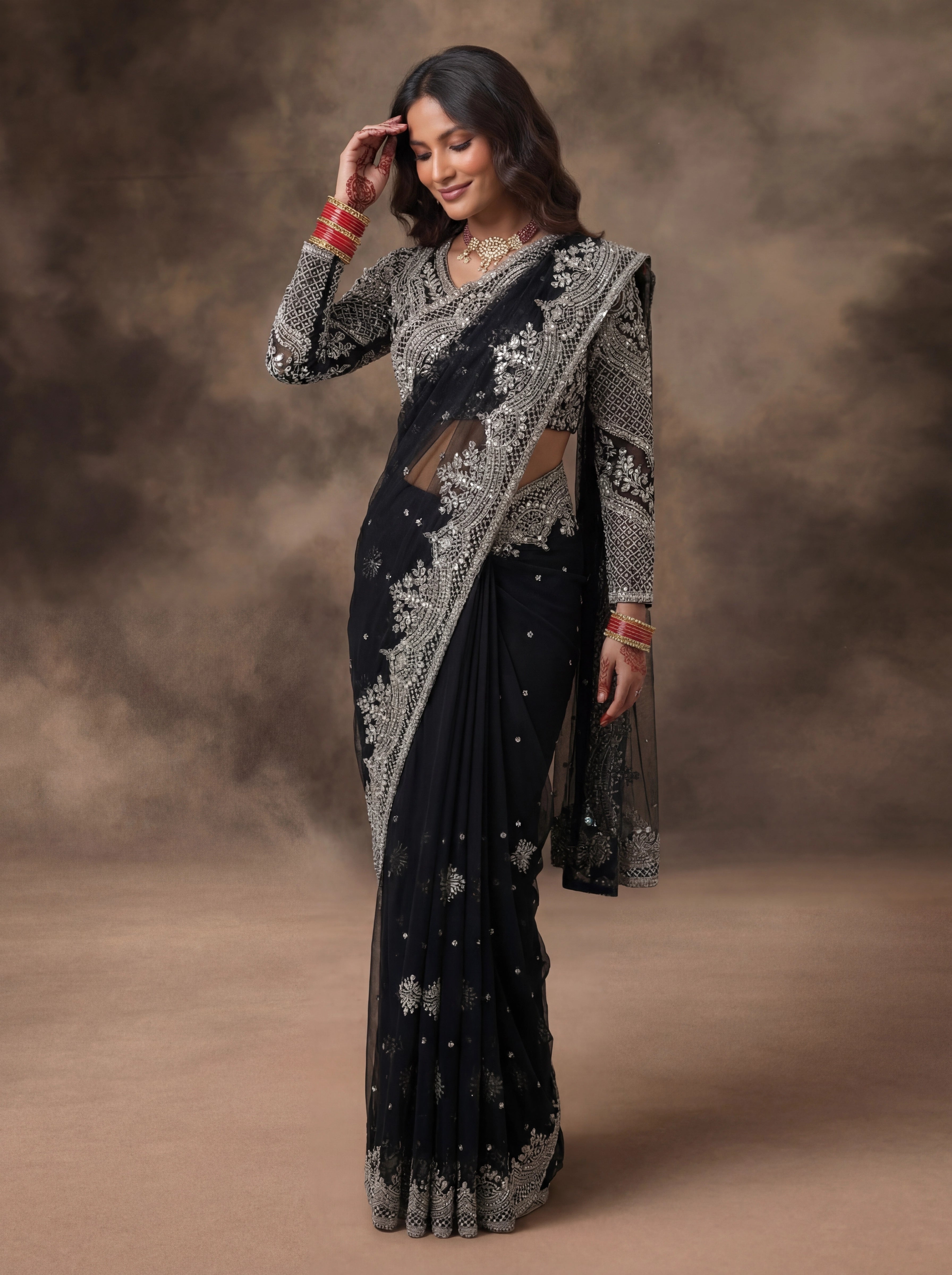 Jet Black Net Embroidery Sequins Handwork Bridal Saree