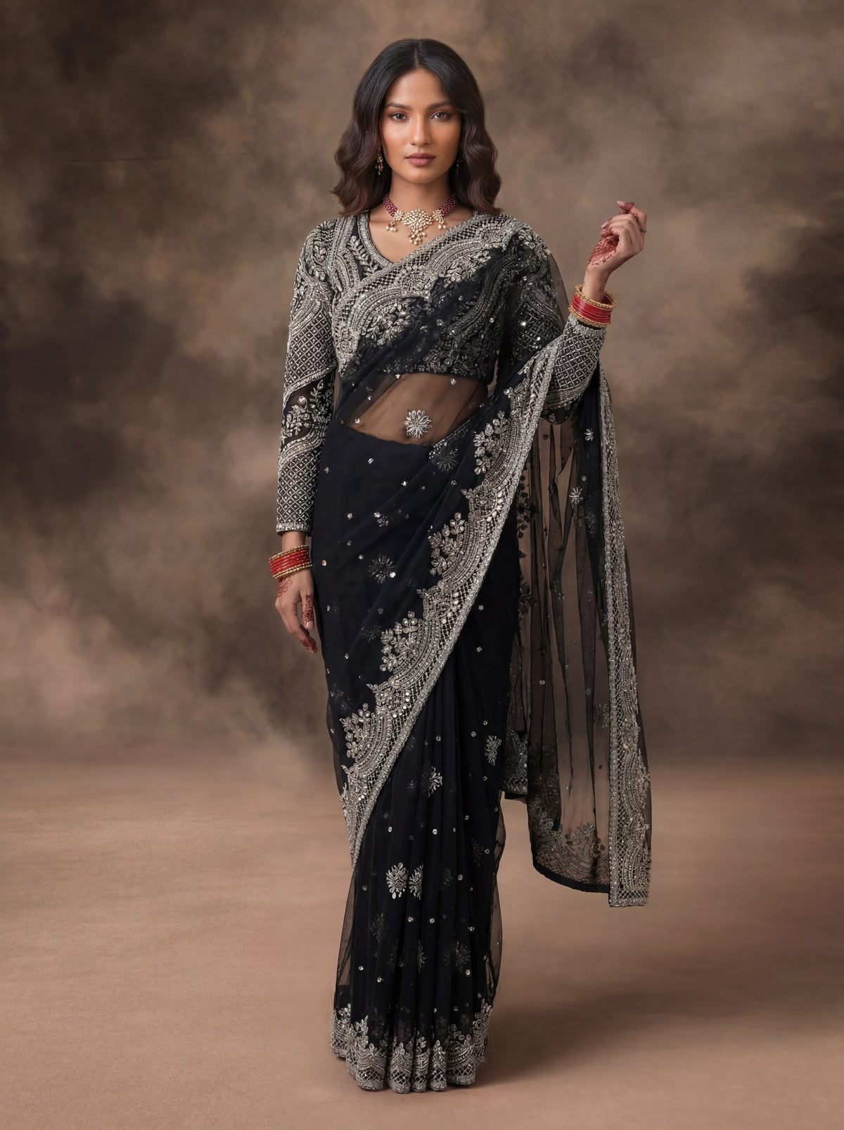 Jet Black Net Embroidery Sequins Handwork Bridal Saree