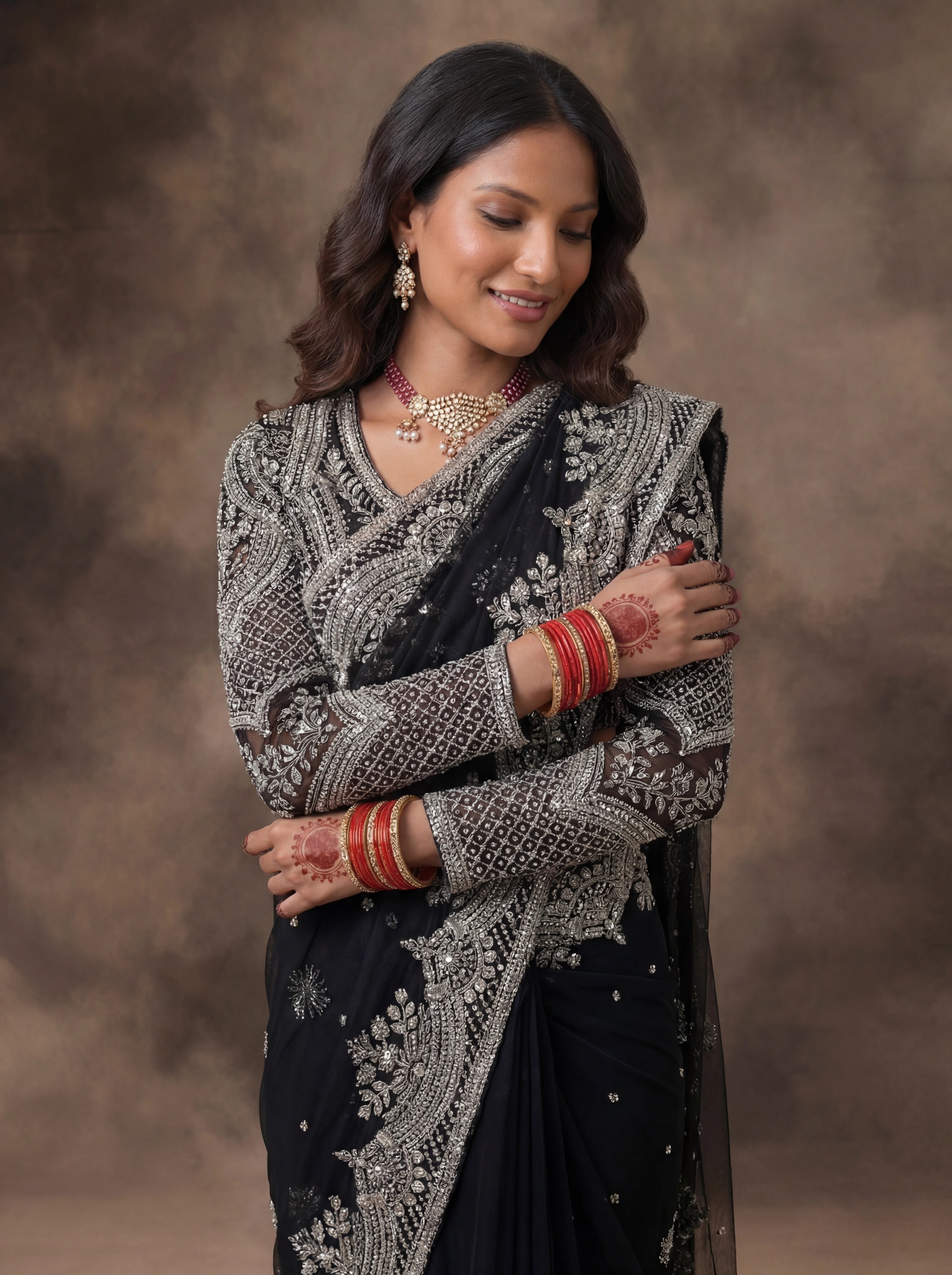 Jet Black Net Embroidery Sequins Handwork Bridal Saree