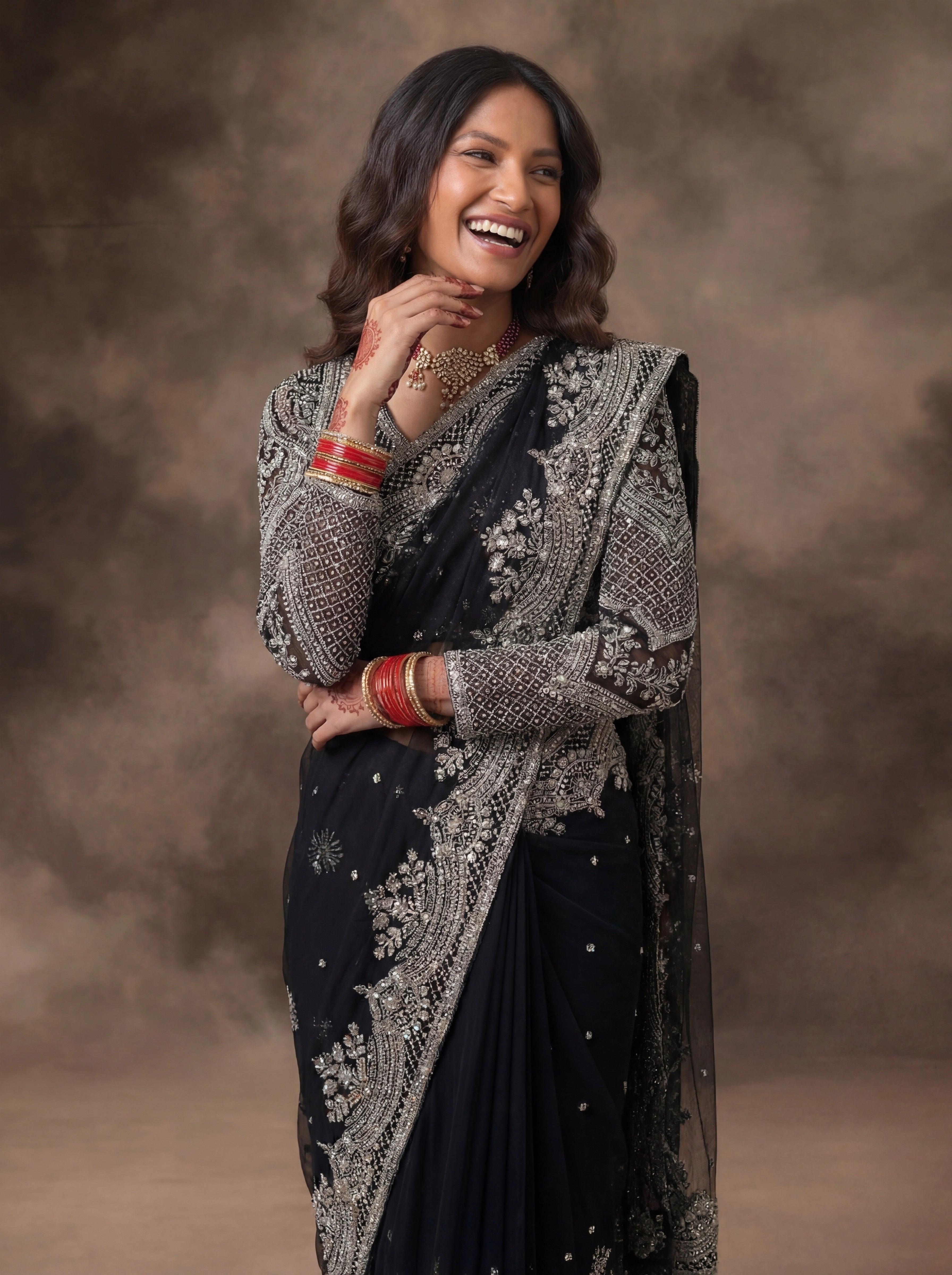 Jet Black Net Embroidery Sequins Handwork Bridal Saree