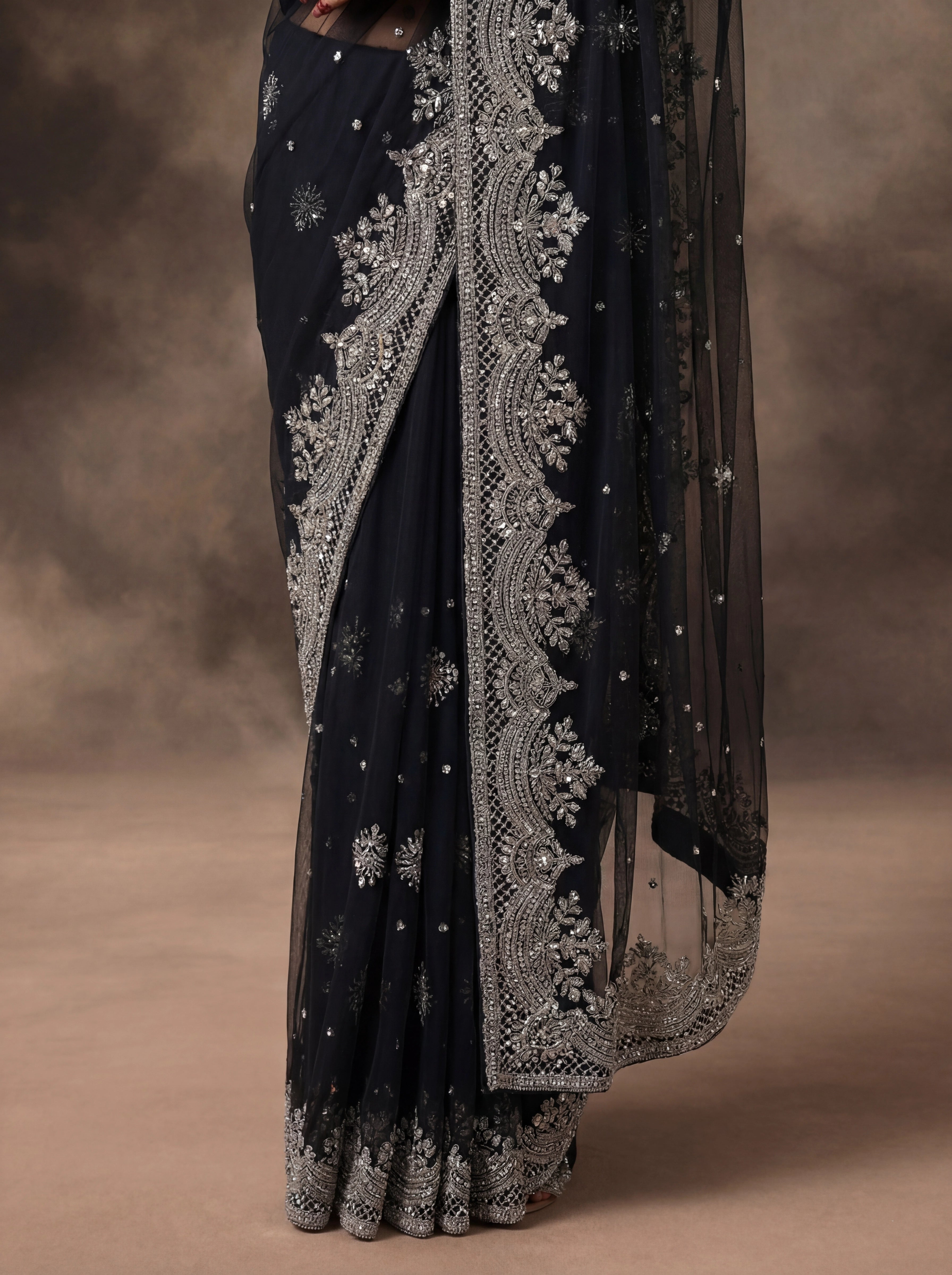 Jet Black Net Embroidery Sequins Handwork Bridal Saree