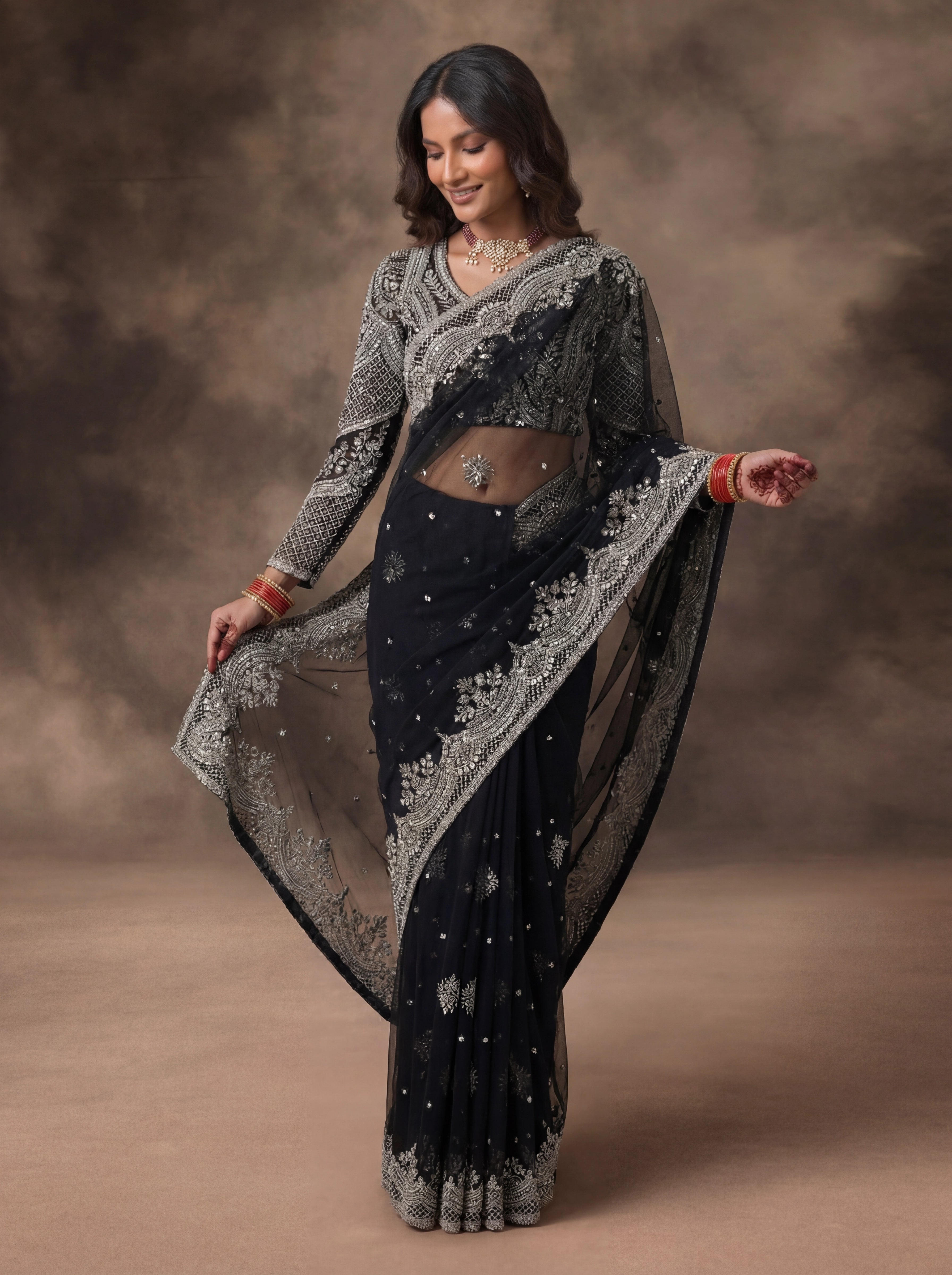 Jet Black Net Embroidery Sequins Handwork Bridal Saree