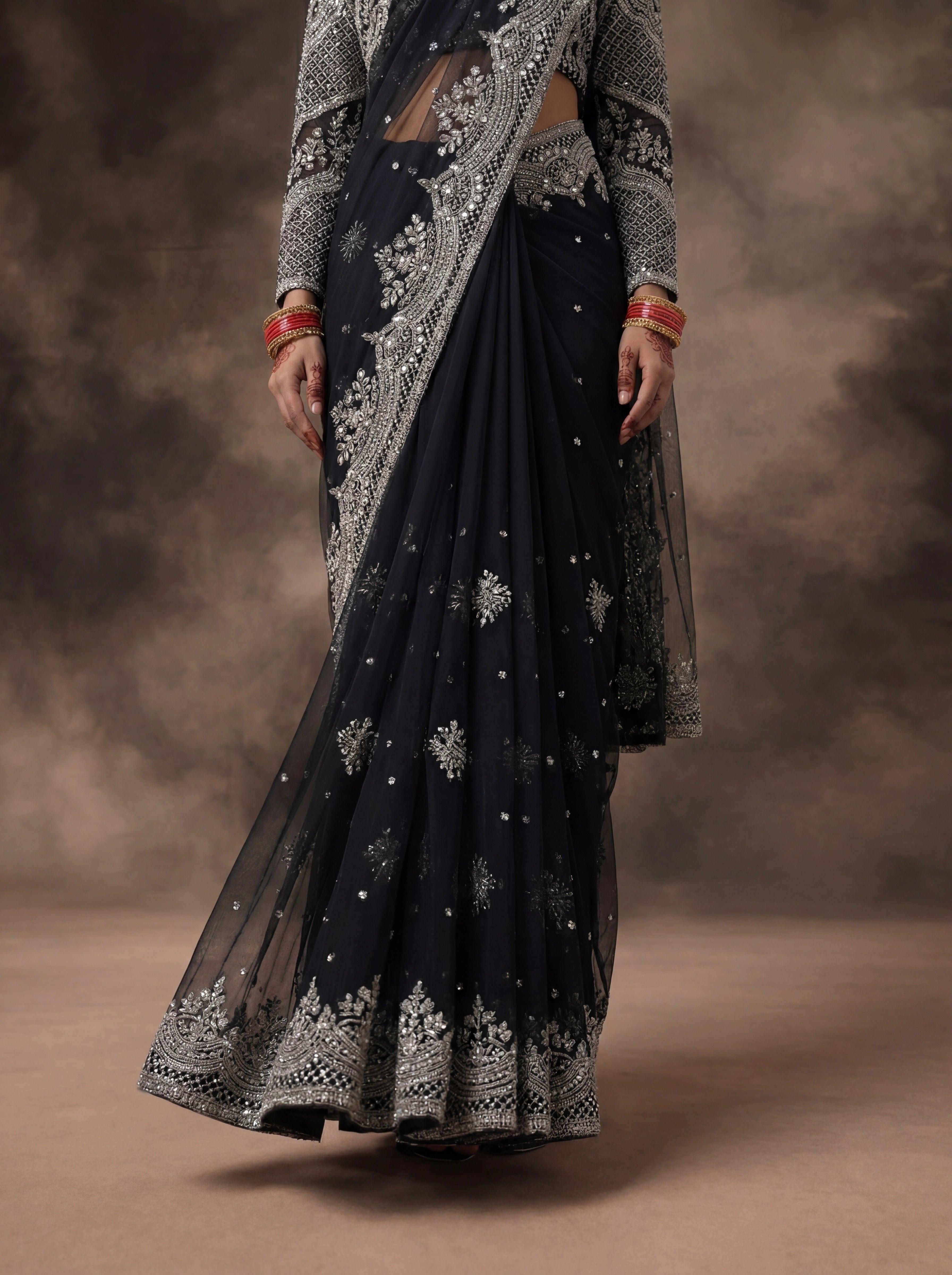 Jet Black Net Embroidery Sequins Handwork Bridal Saree