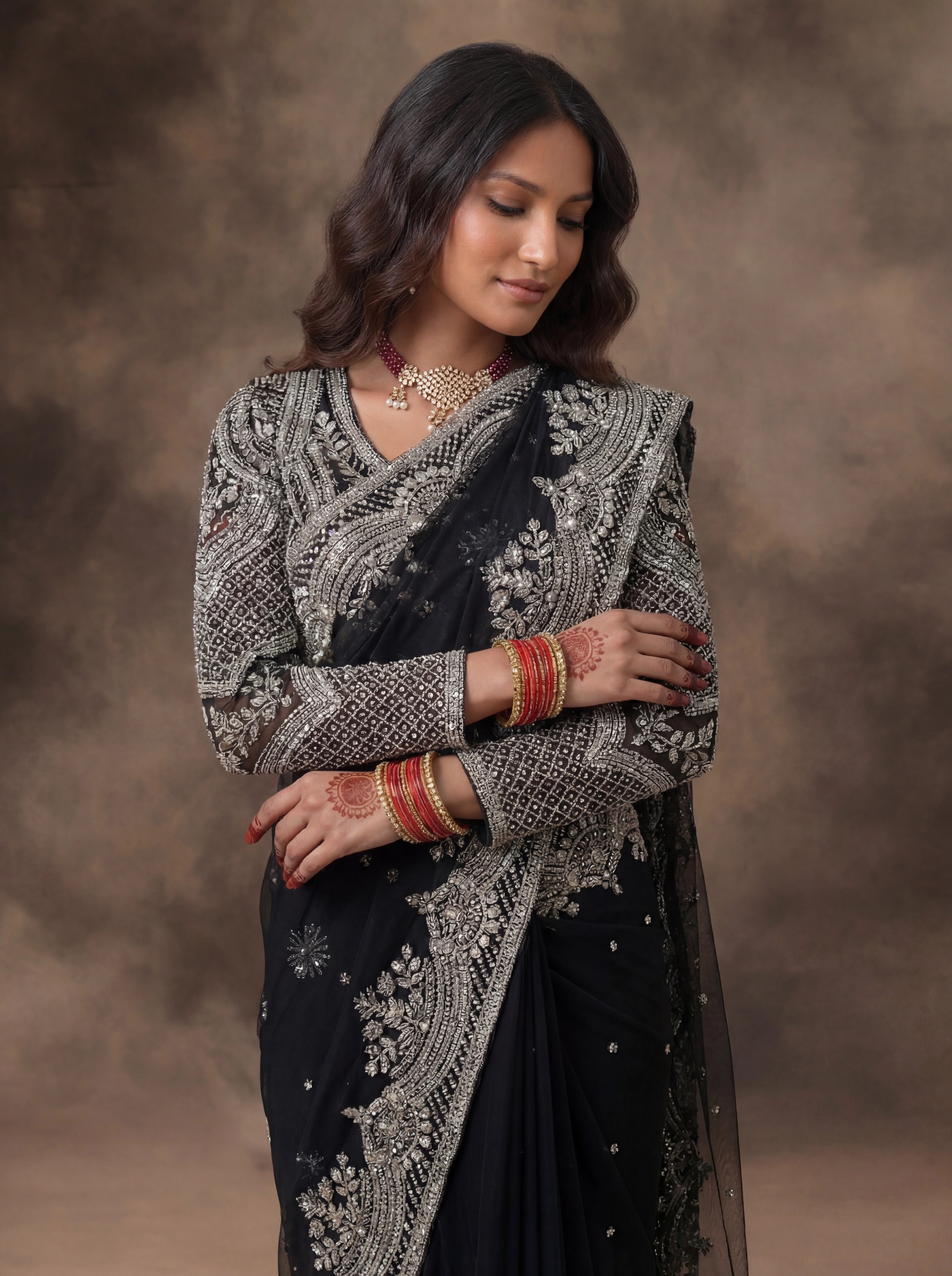 Jet Black Net Embroidery Sequins Handwork Bridal Saree