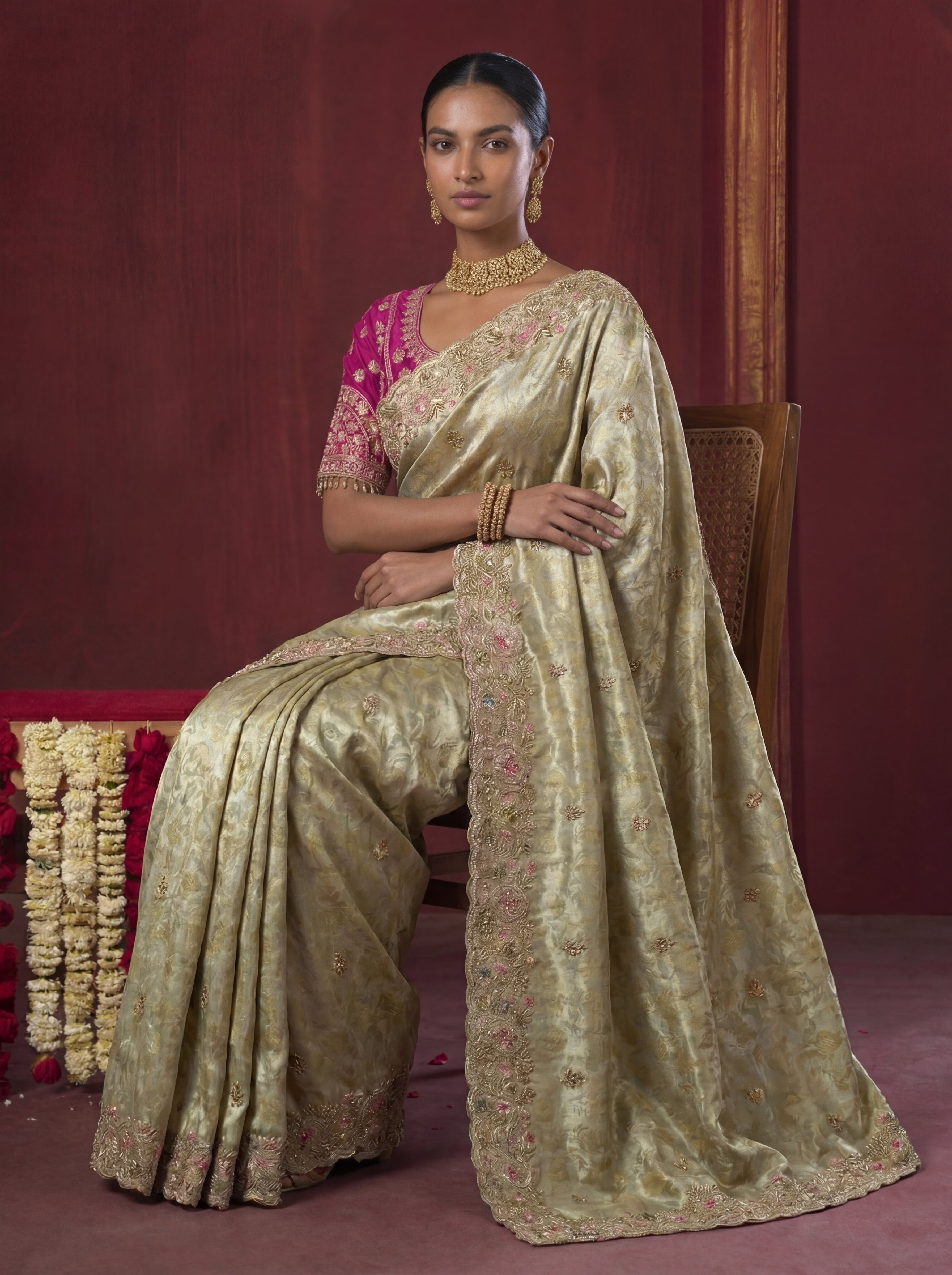 Sage Green Viscose Embroidery Sequins Jacquard Wedding Saree