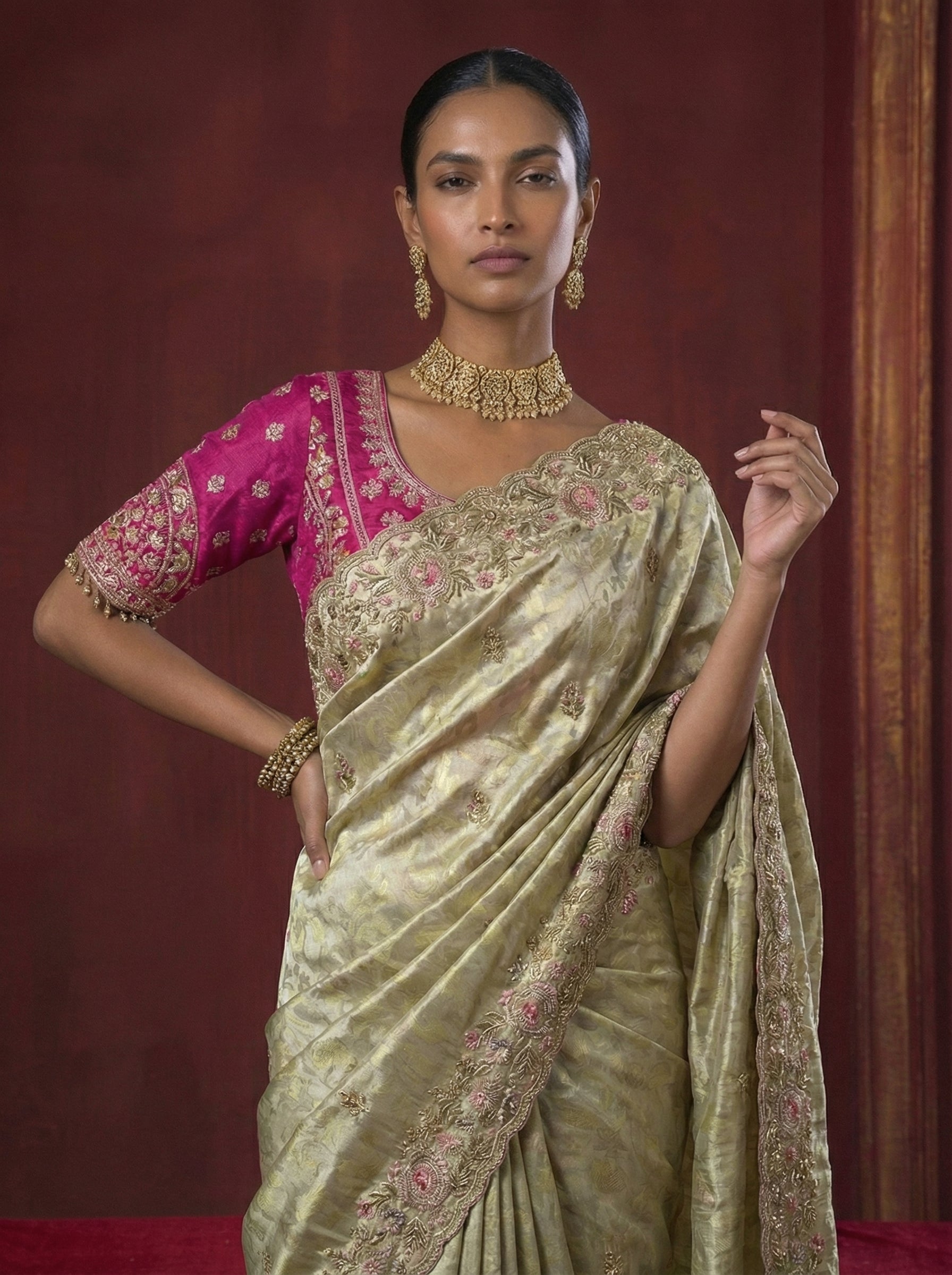 Sage Green Viscose Embroidery Sequins Jacquard Wedding Saree