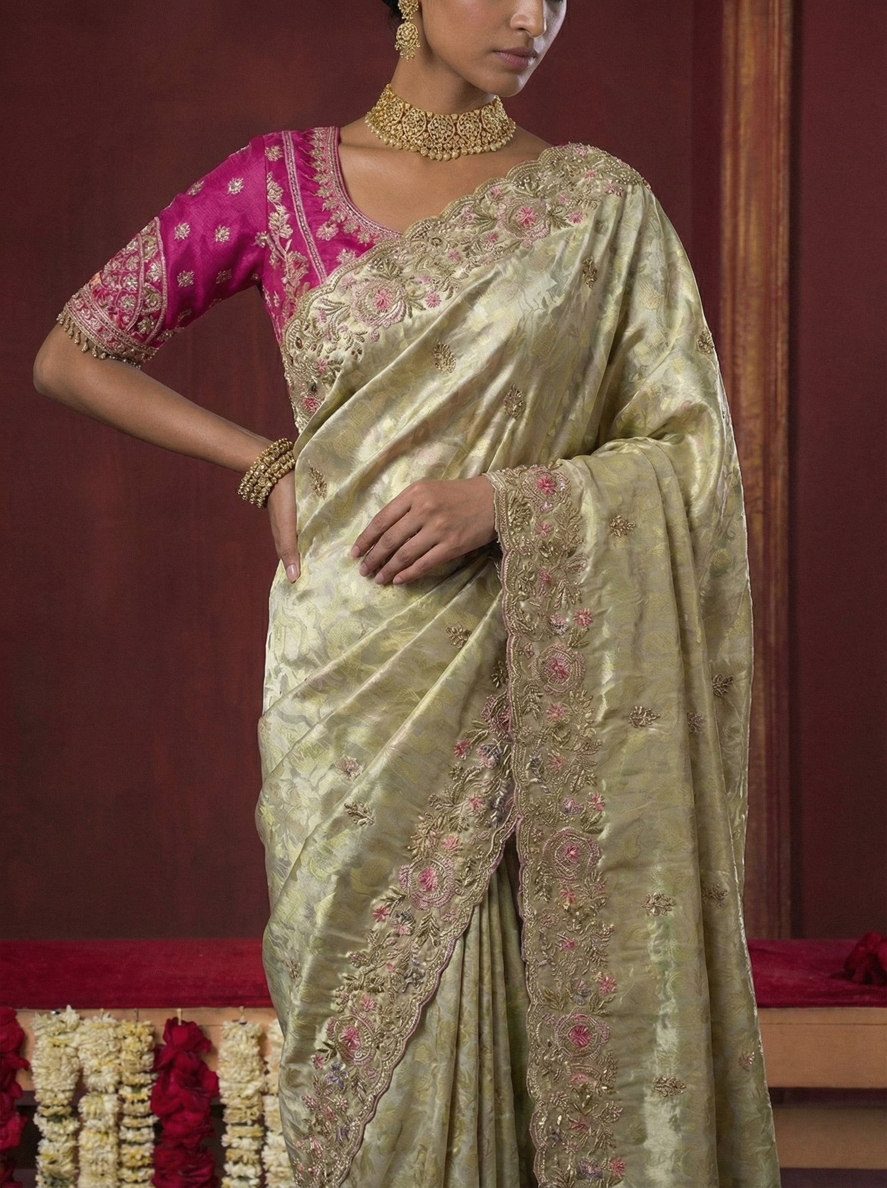 Sage Green Viscose Embroidery Sequins Jacquard Wedding Saree