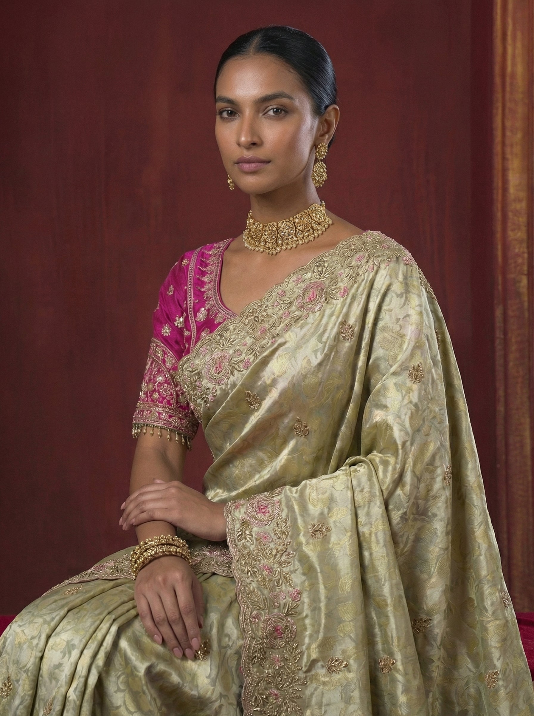 Sage Green Viscose Embroidery Sequins Jacquard Wedding Saree
