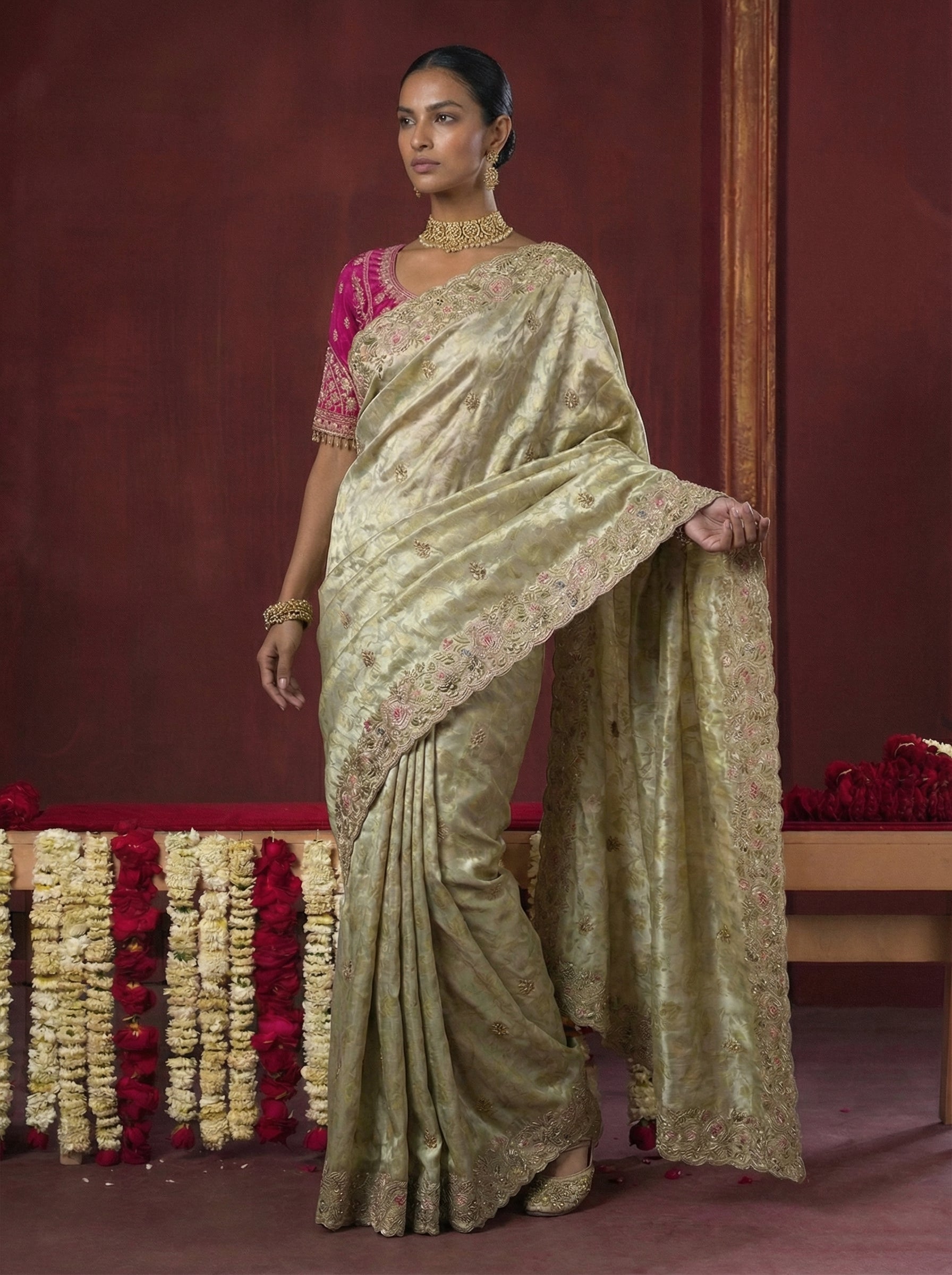 Sage Green Viscose Embroidery Sequins Jacquard Wedding Saree