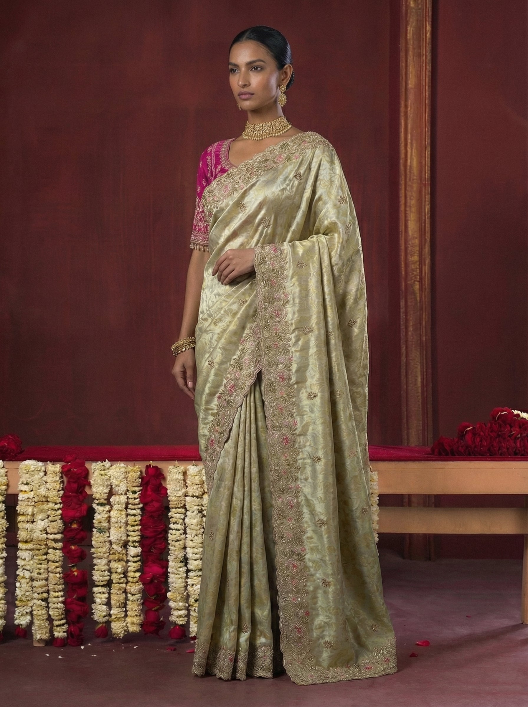 Sage Green Viscose Embroidery Sequins Jacquard Wedding Saree