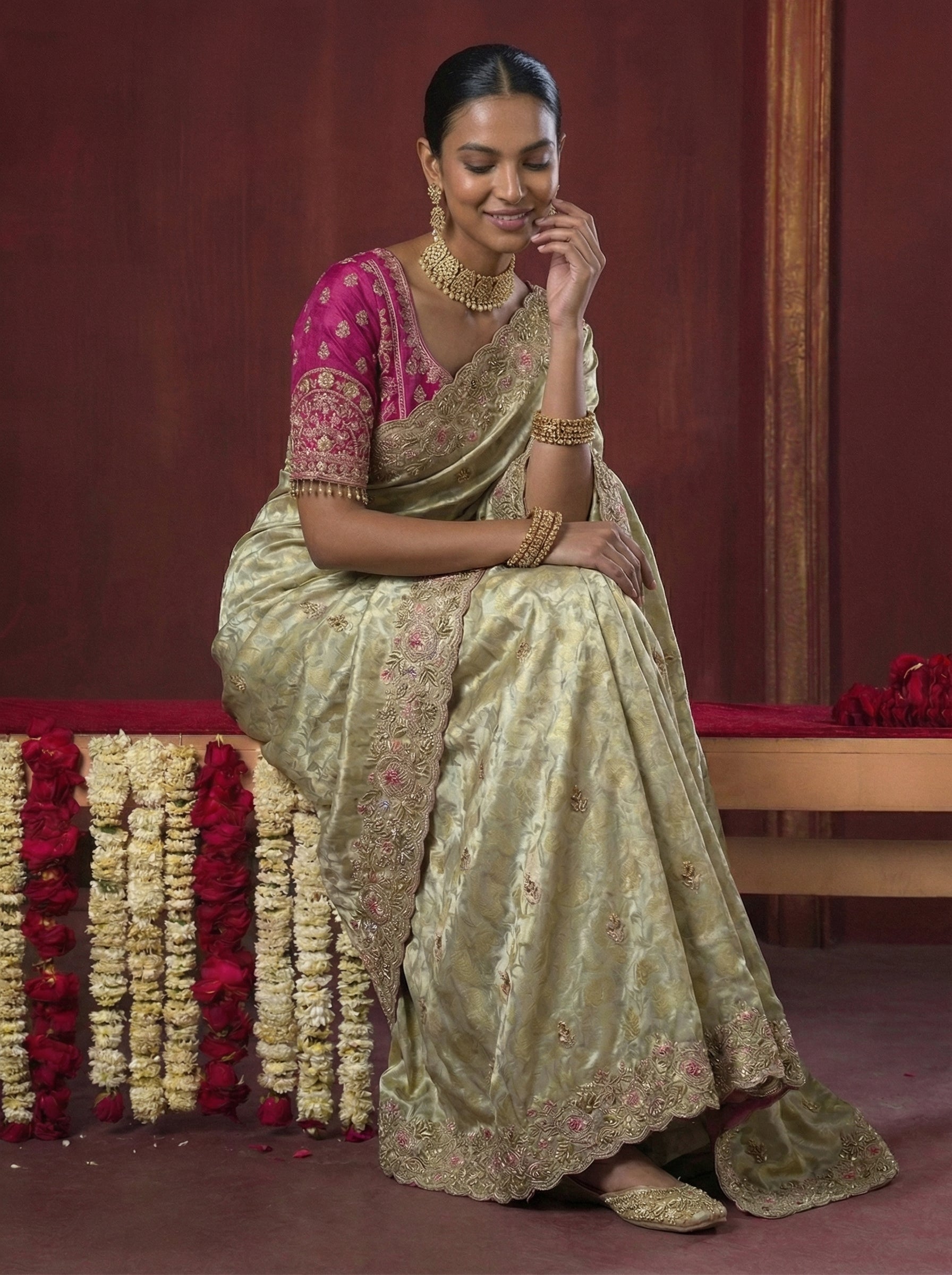 Sage Green Viscose Embroidery Sequins Jacquard Wedding Saree