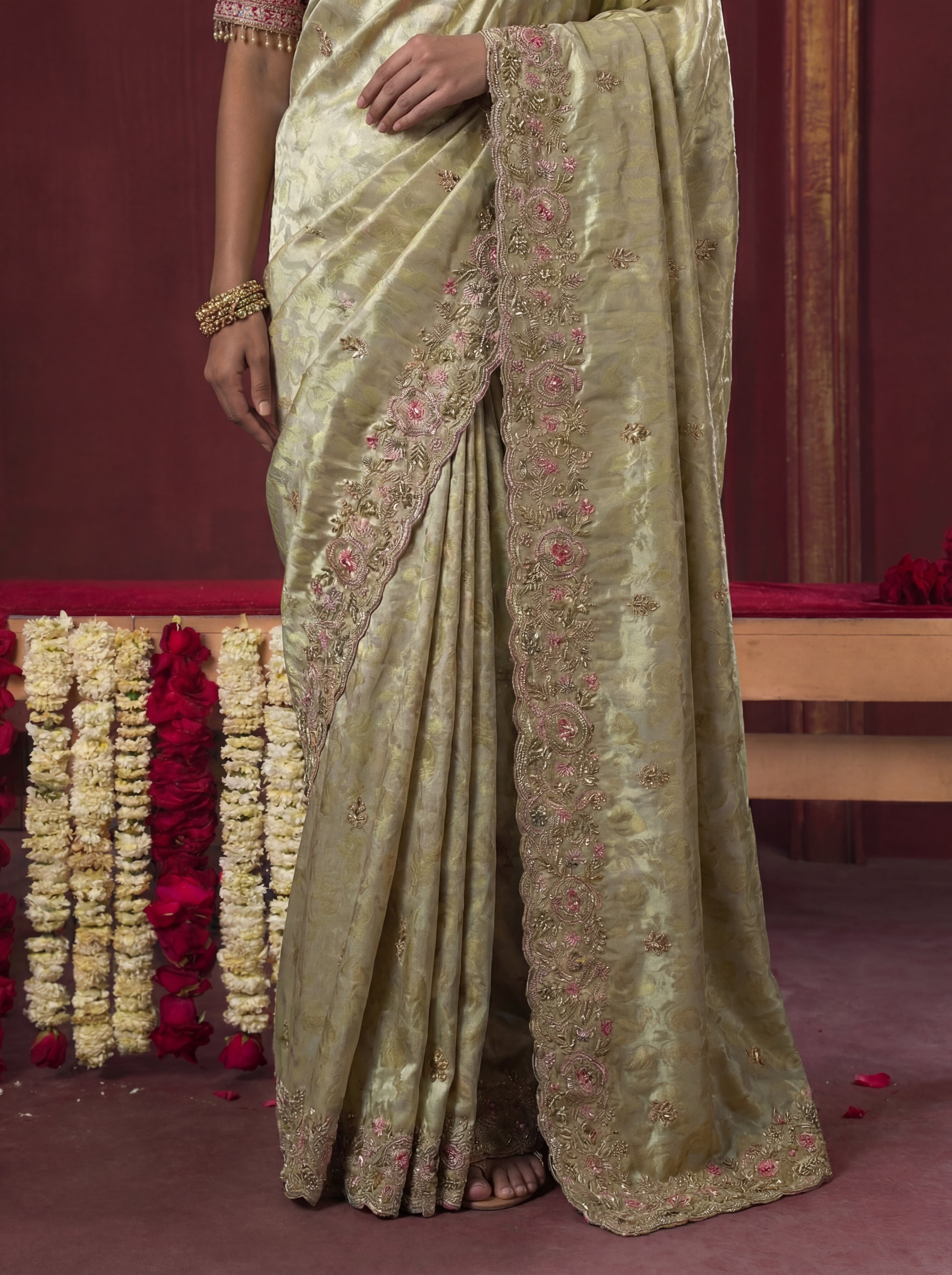 Sage Green Viscose Embroidery Sequins Jacquard Wedding Saree