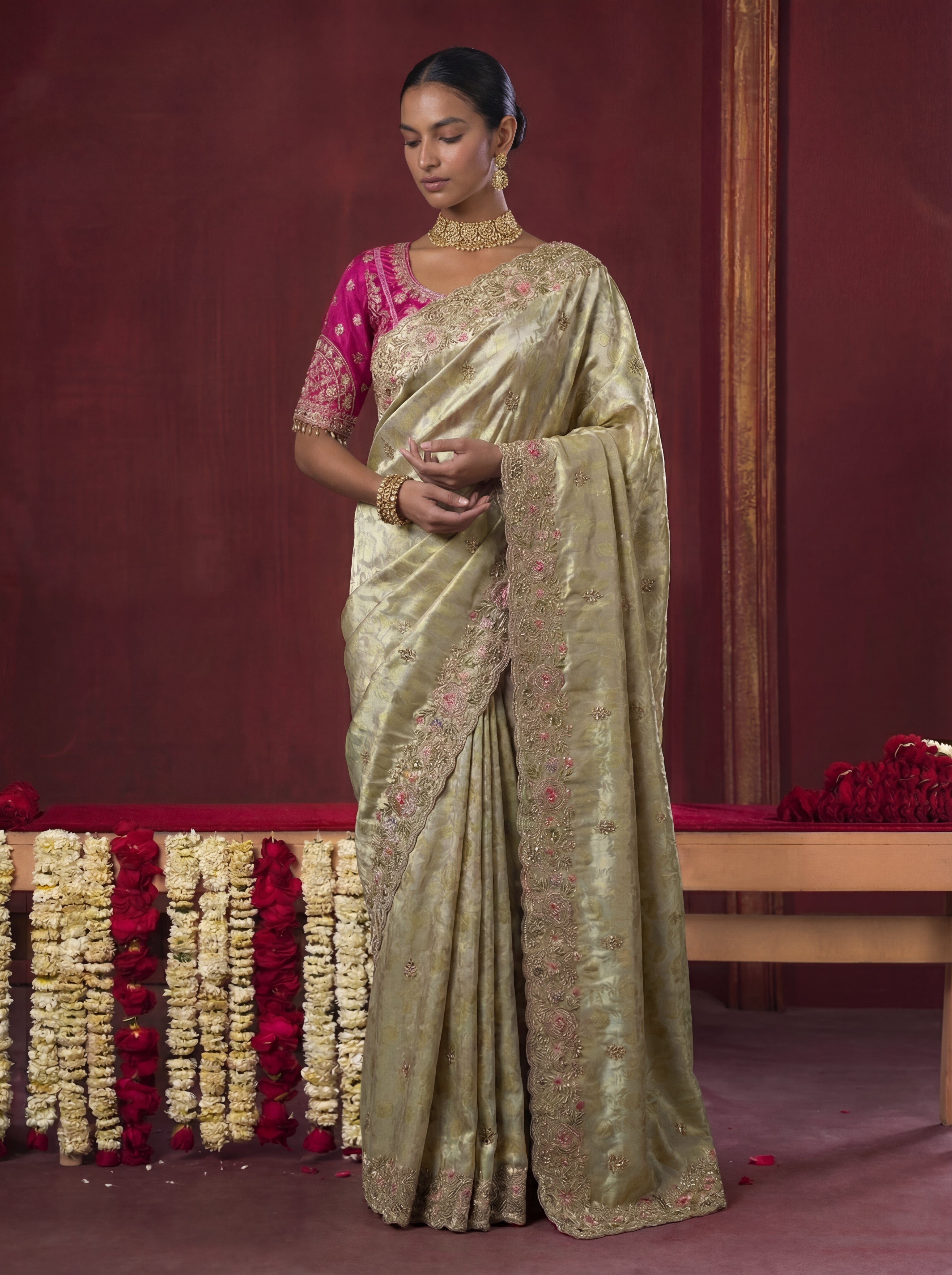 Sage Green Viscose Embroidery Sequins Jacquard Wedding Saree