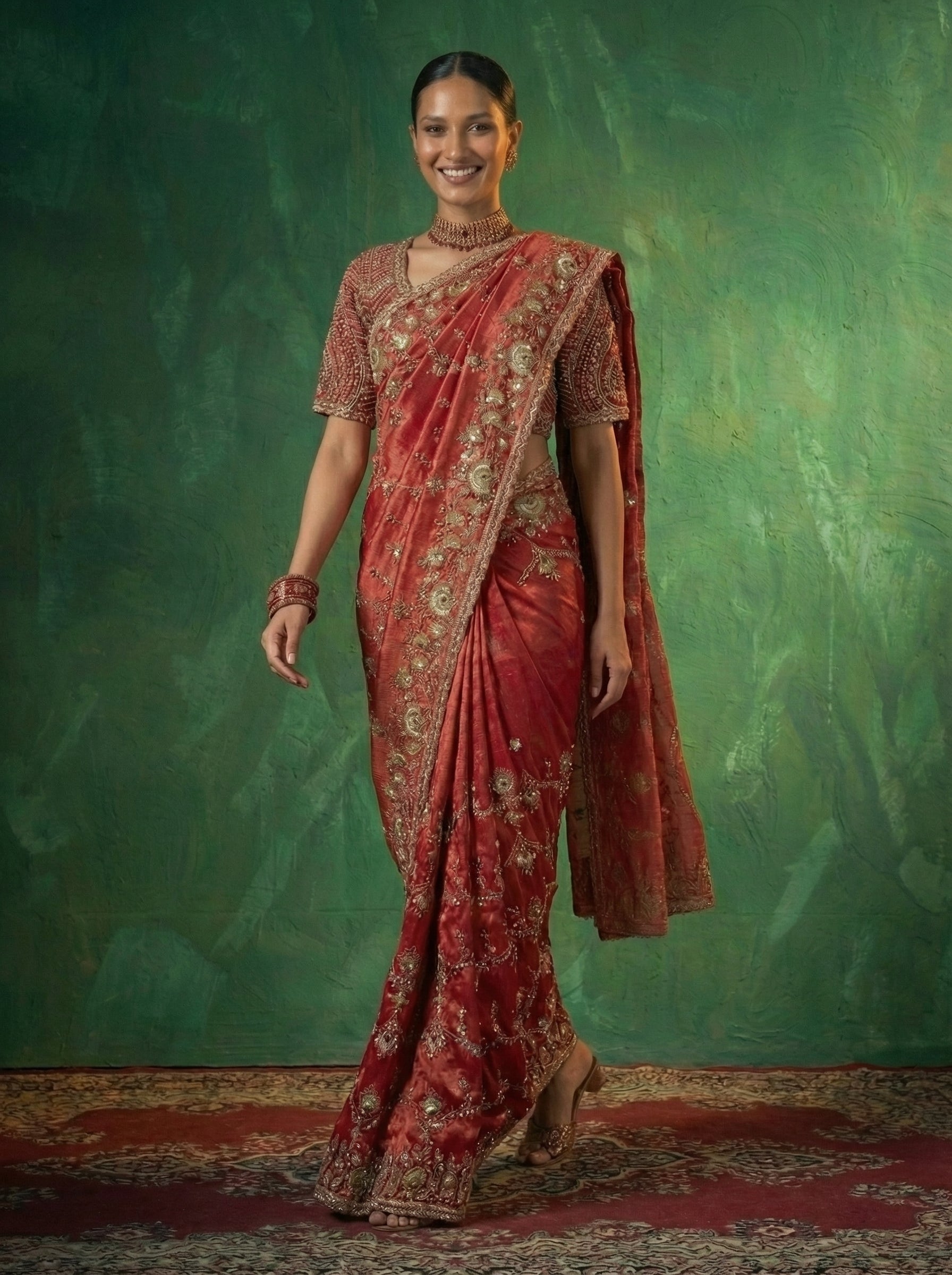 Crimson Red Tissue Beads Embroidery Sequins Bridal Saree