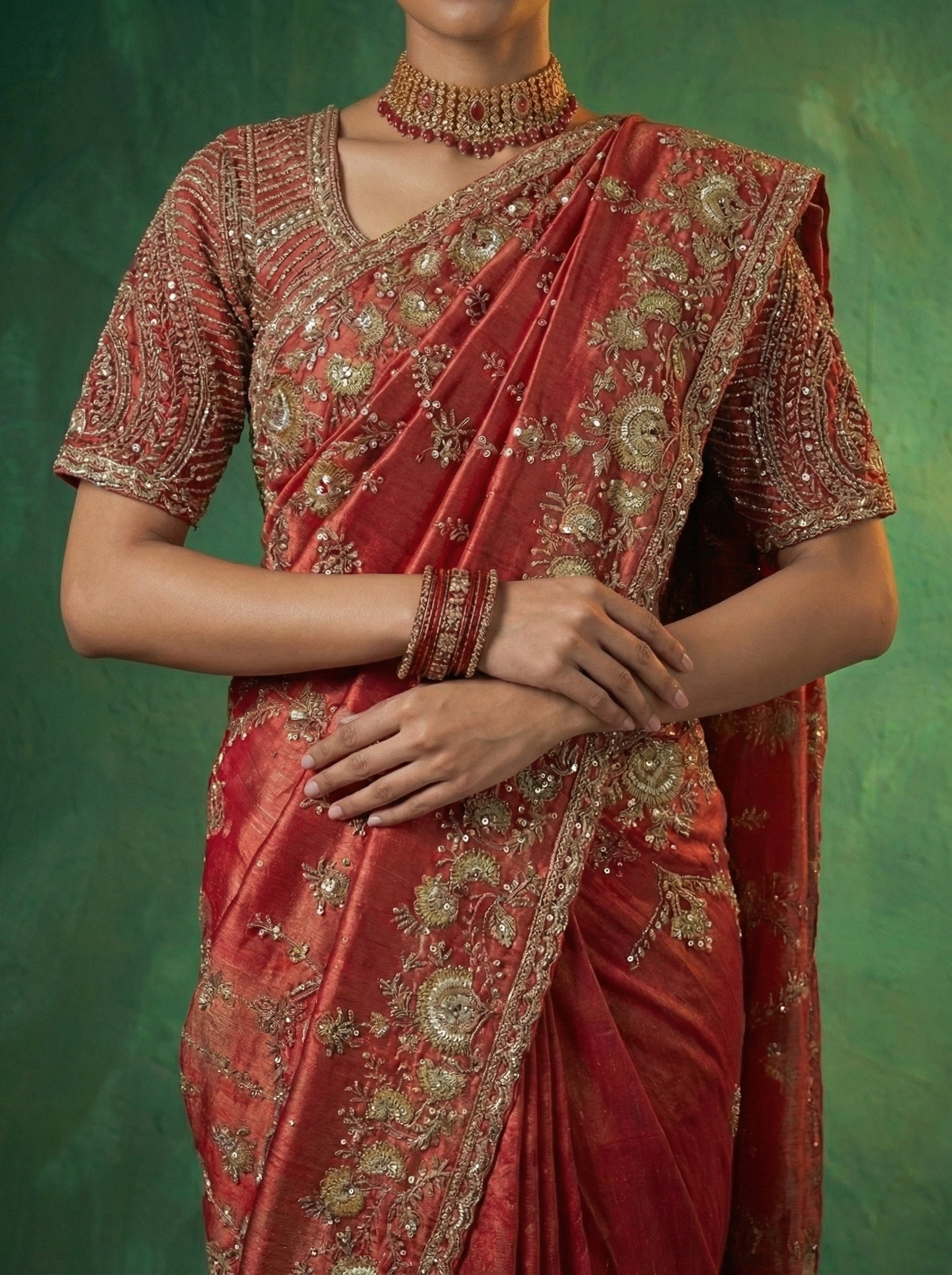 Crimson Red Tissue Beads Embroidery Sequins Bridal Saree