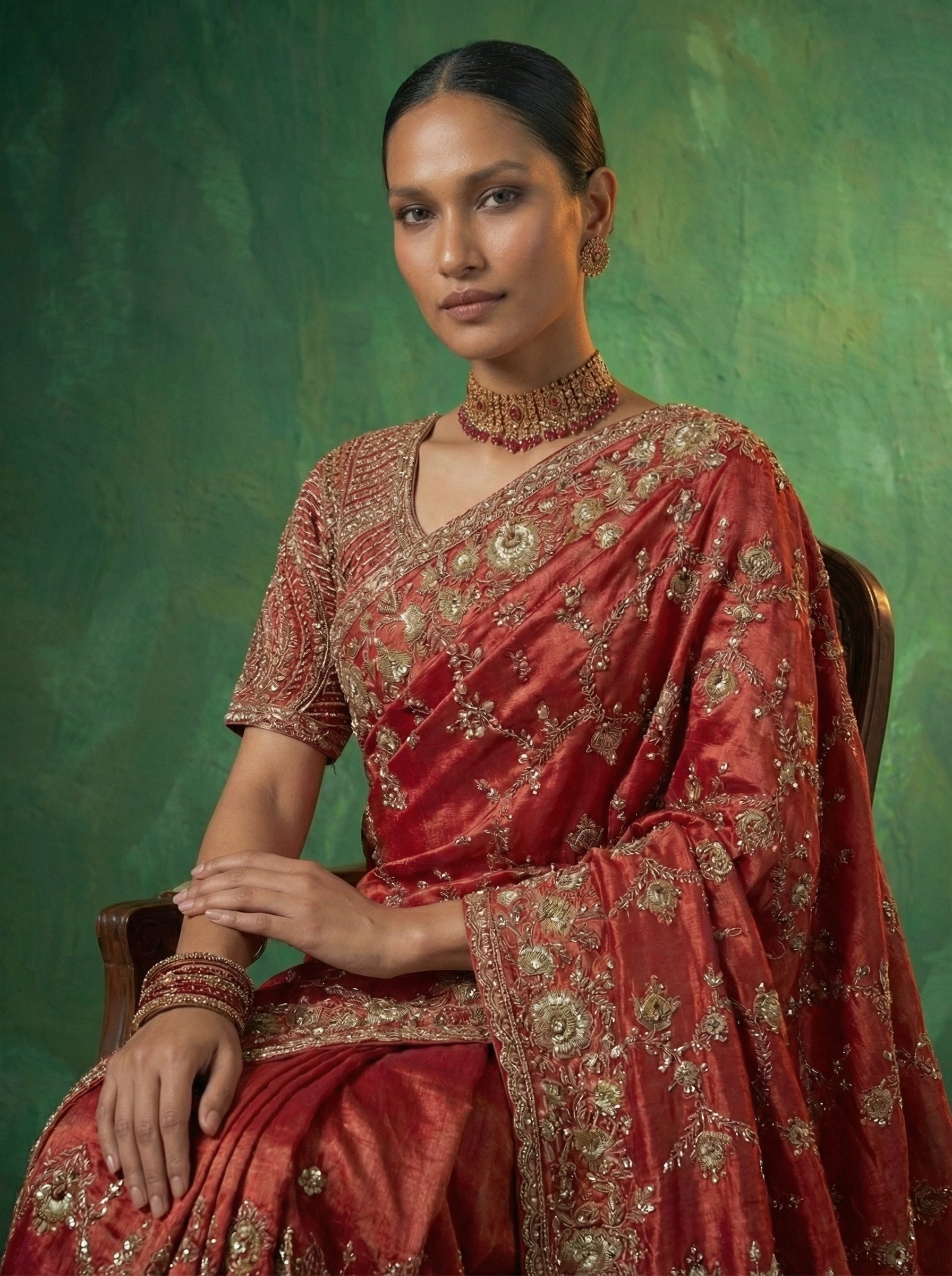 Crimson Red Tissue Beads Embroidery Sequins Bridal Saree