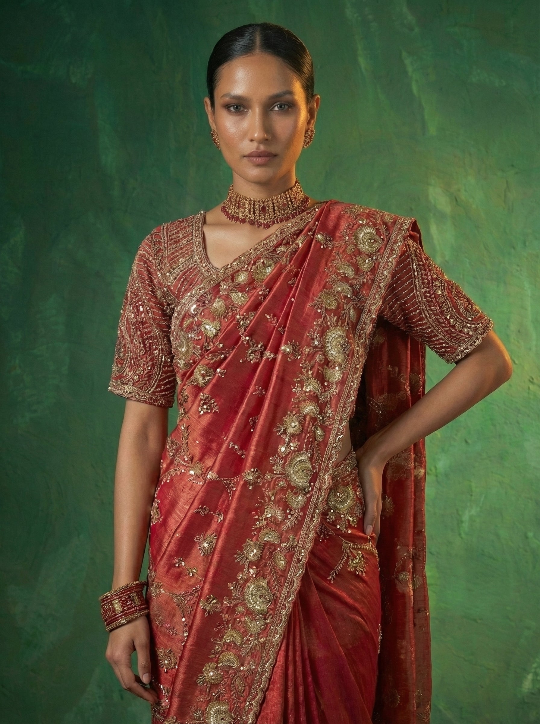 Crimson Red Tissue Beads Embroidery Sequins Bridal Saree