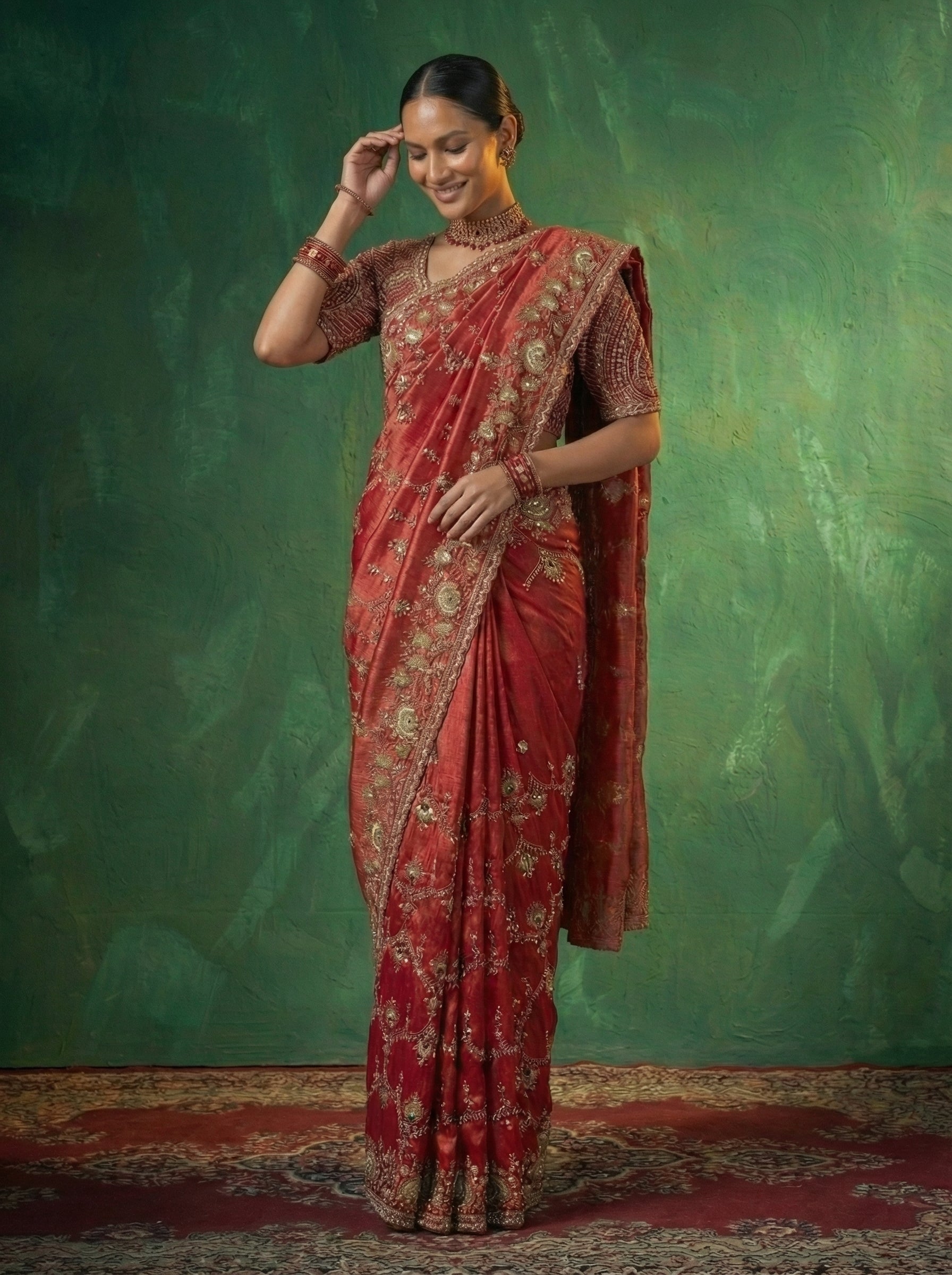 Crimson Red Tissue Beads Embroidery Sequins Bridal Saree