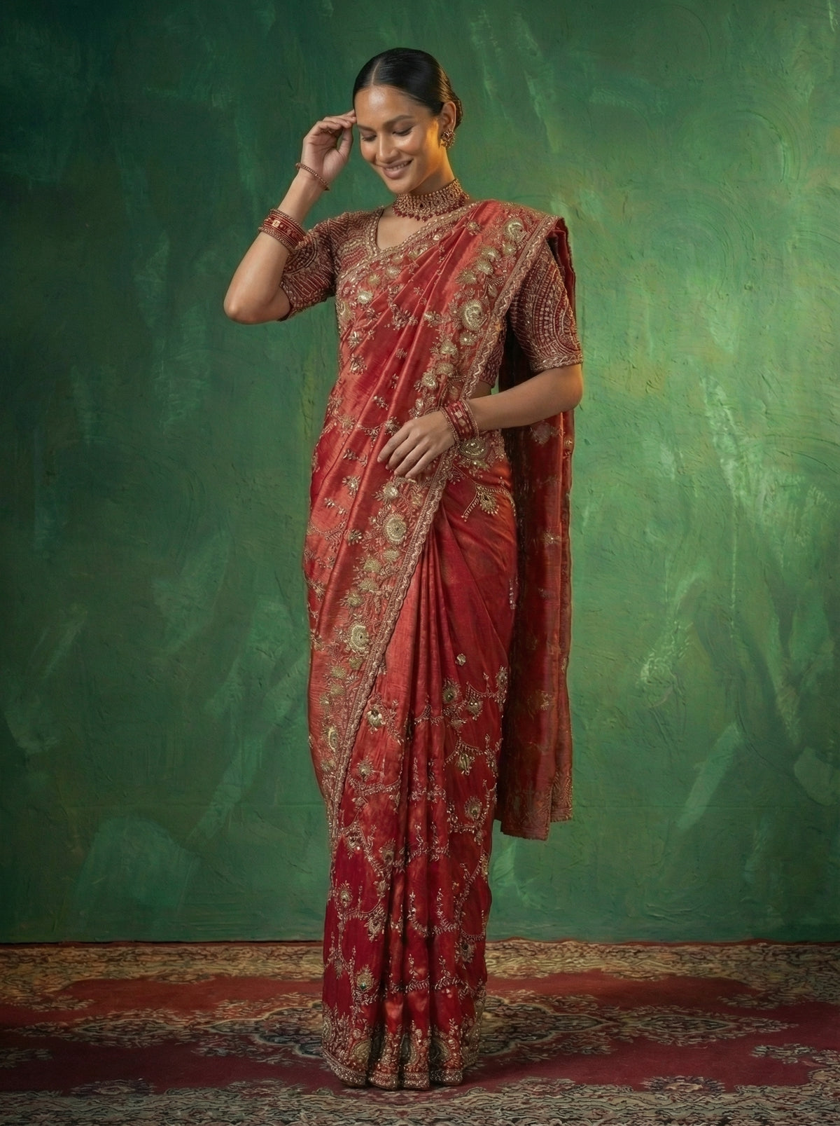 Crimson Red Tissue Beads Embroidery Sequins Bridal Saree