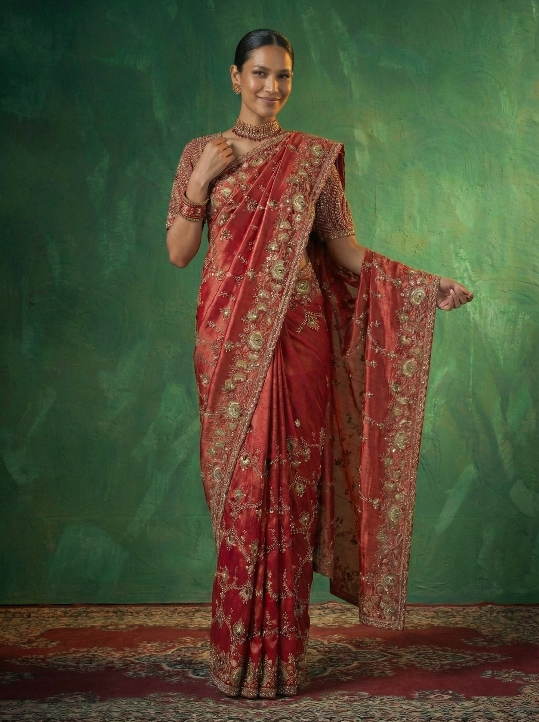 Crimson Red Tissue Beads Embroidery Sequins Bridal Saree