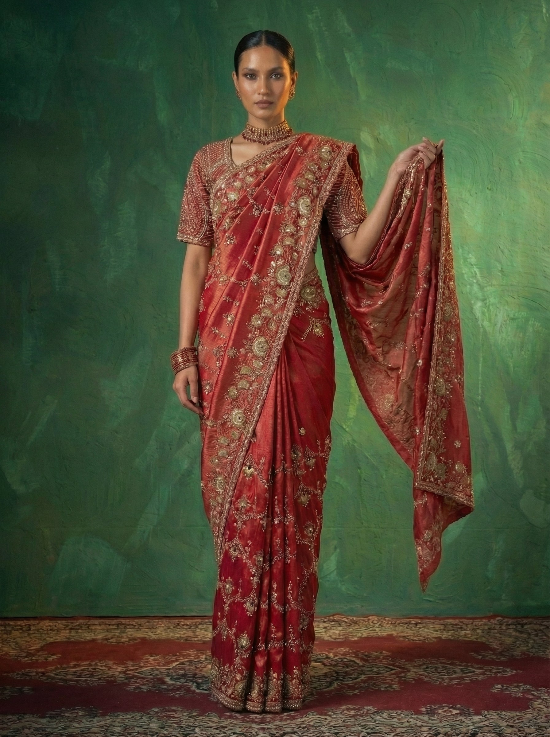 Crimson Red Tissue Beads Embroidery Sequins Bridal Saree