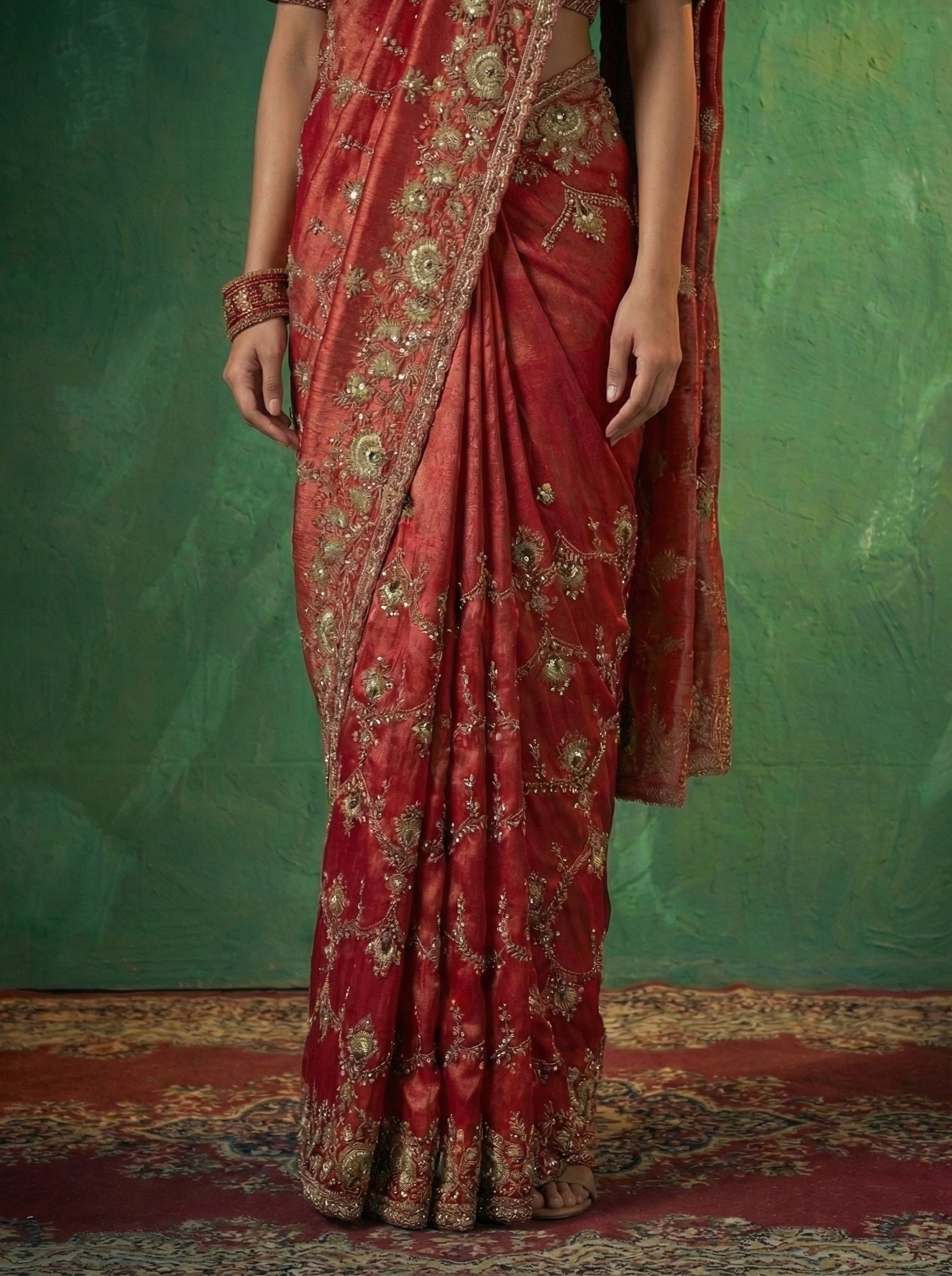 Crimson Red Tissue Beads Embroidery Sequins Bridal Saree