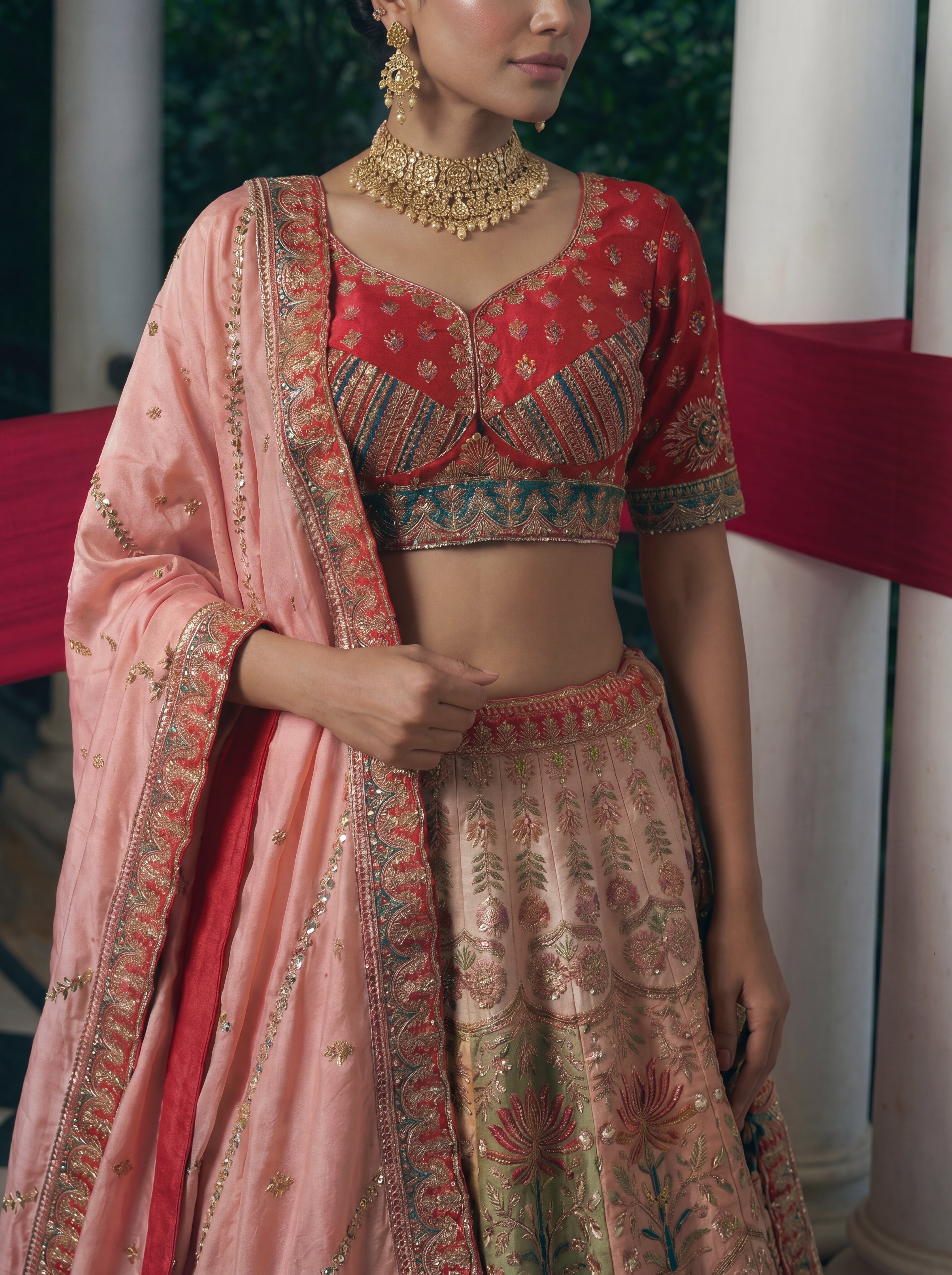 Coral Peach Viscose Sequins Cording Bridal Lehenga Choli Set