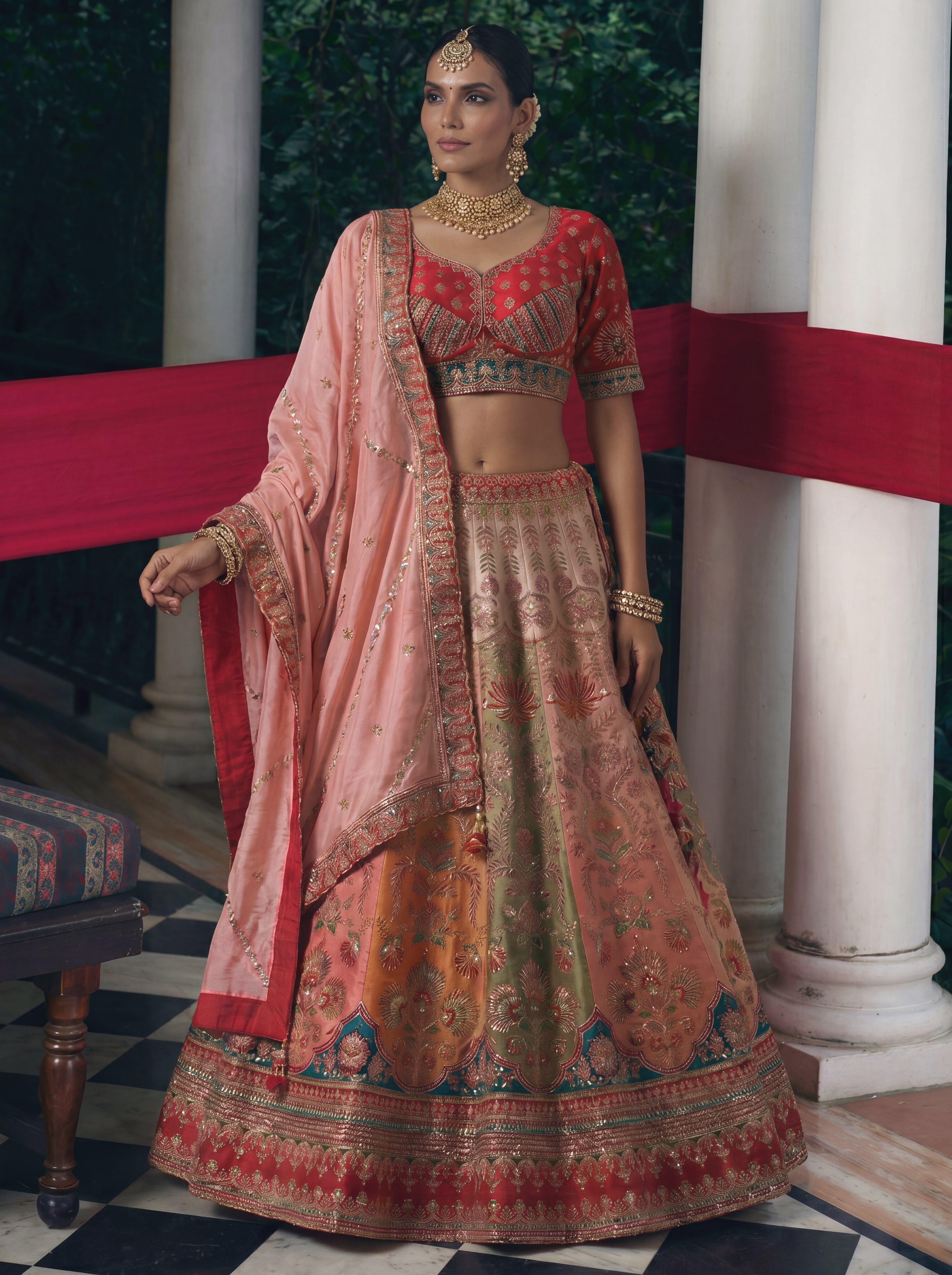 Coral Peach Viscose Sequins Cording Bridal Lehenga Choli Set
