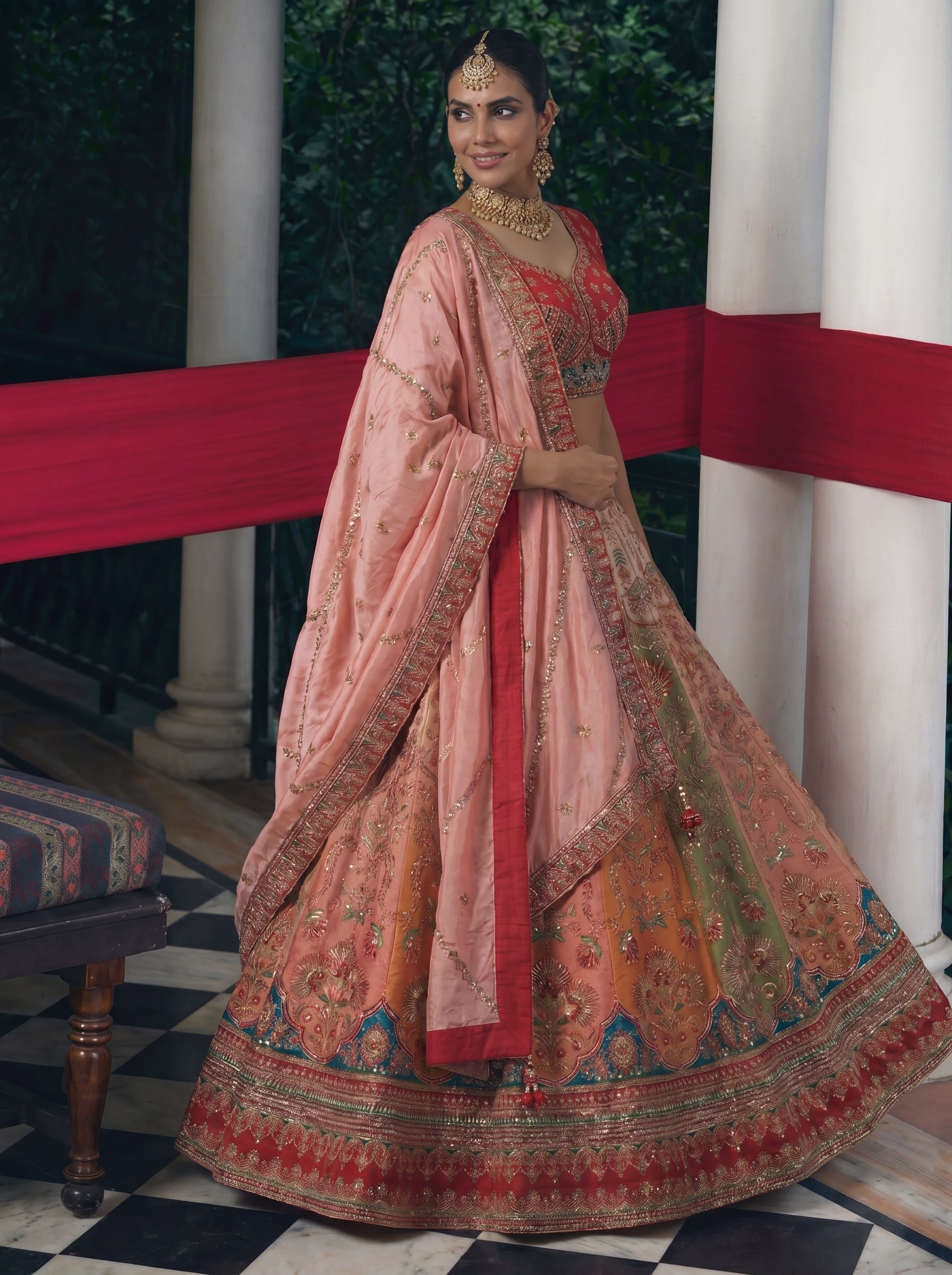Coral Peach Viscose Sequins Cording Bridal Lehenga Choli Set