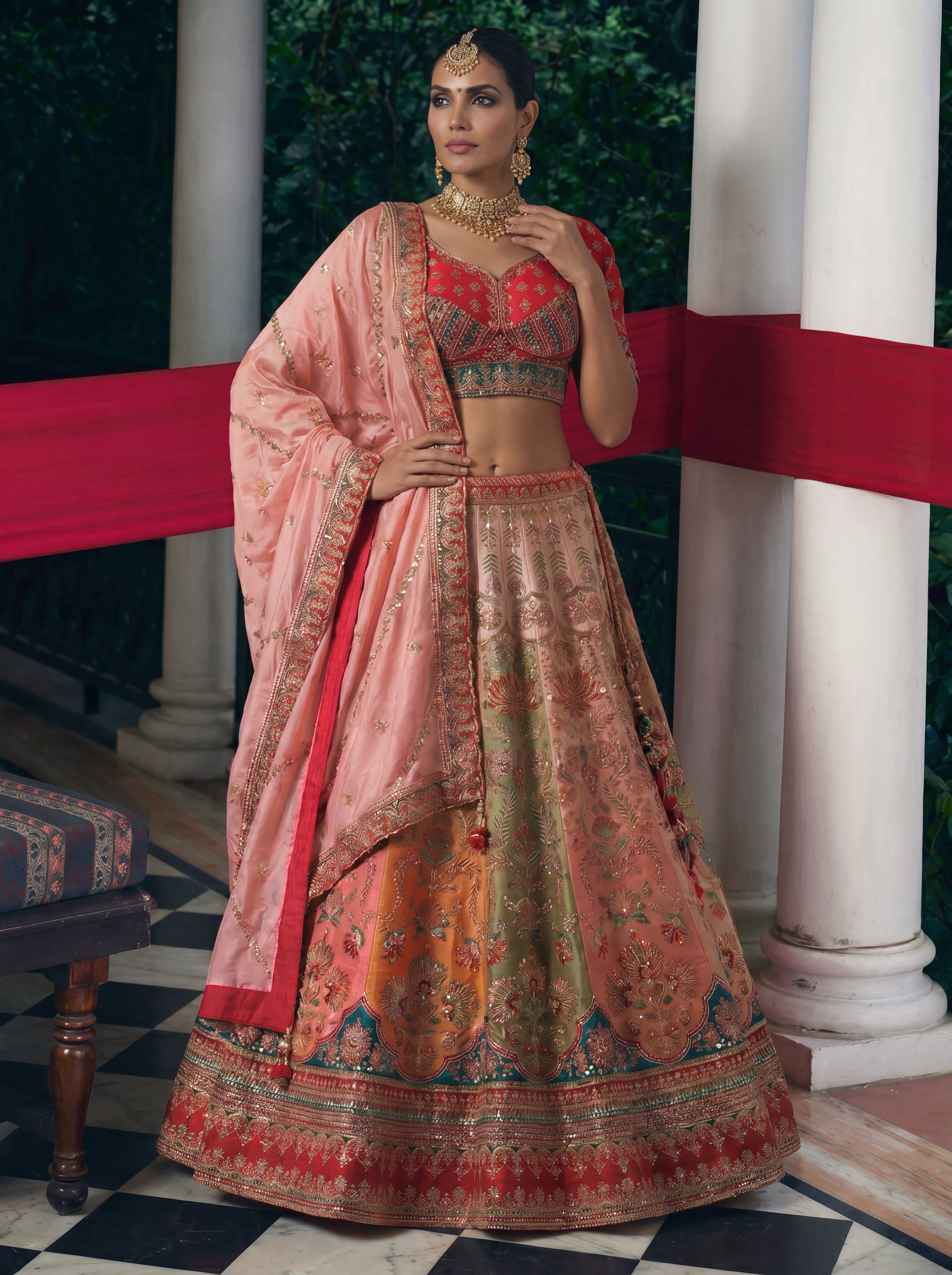 Coral Peach Viscose Sequins Cording Bridal Lehenga Choli Set