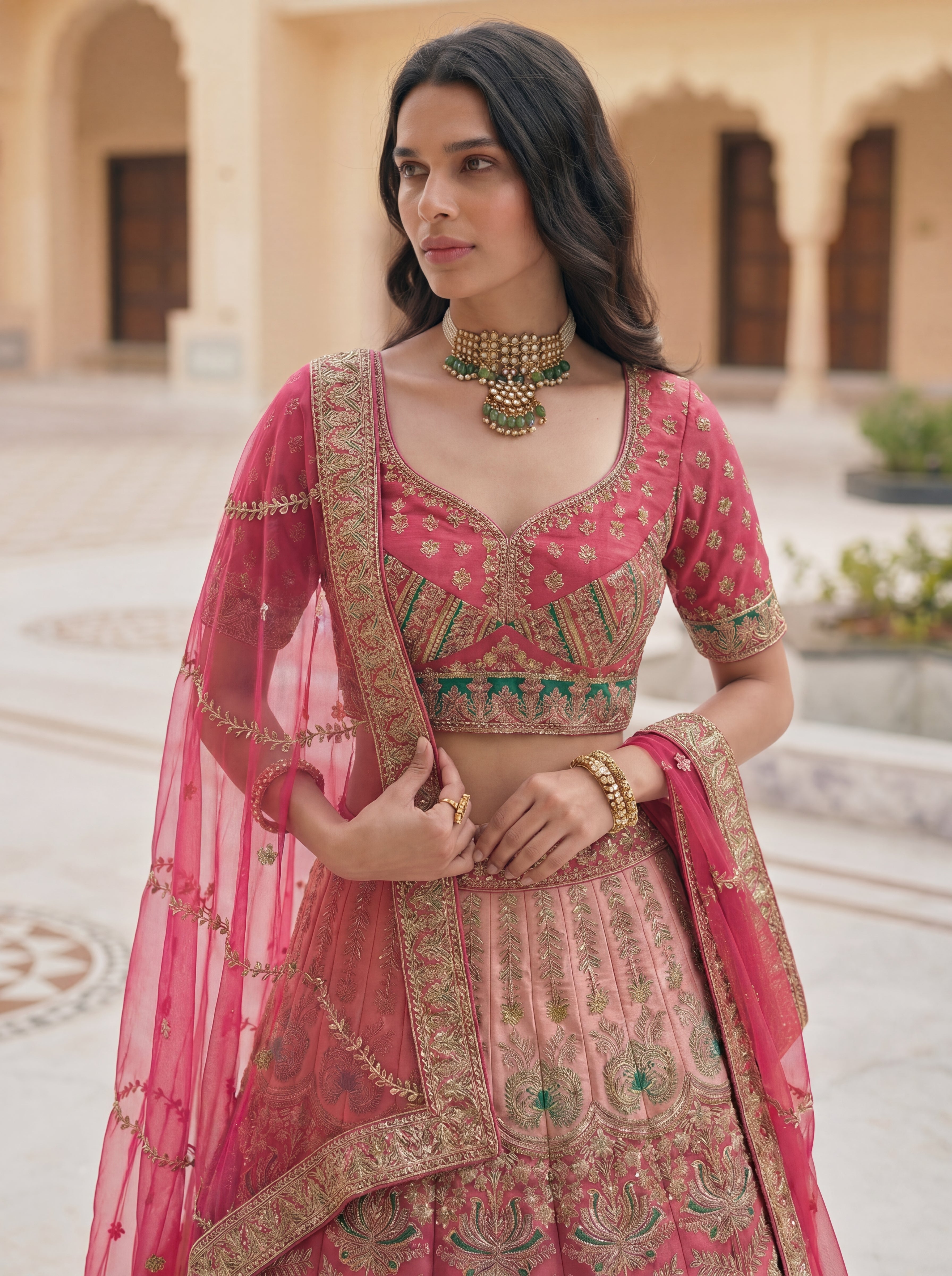 Rose Pink Viscose Sequins Mirror Wedding Lehenga Choli Set