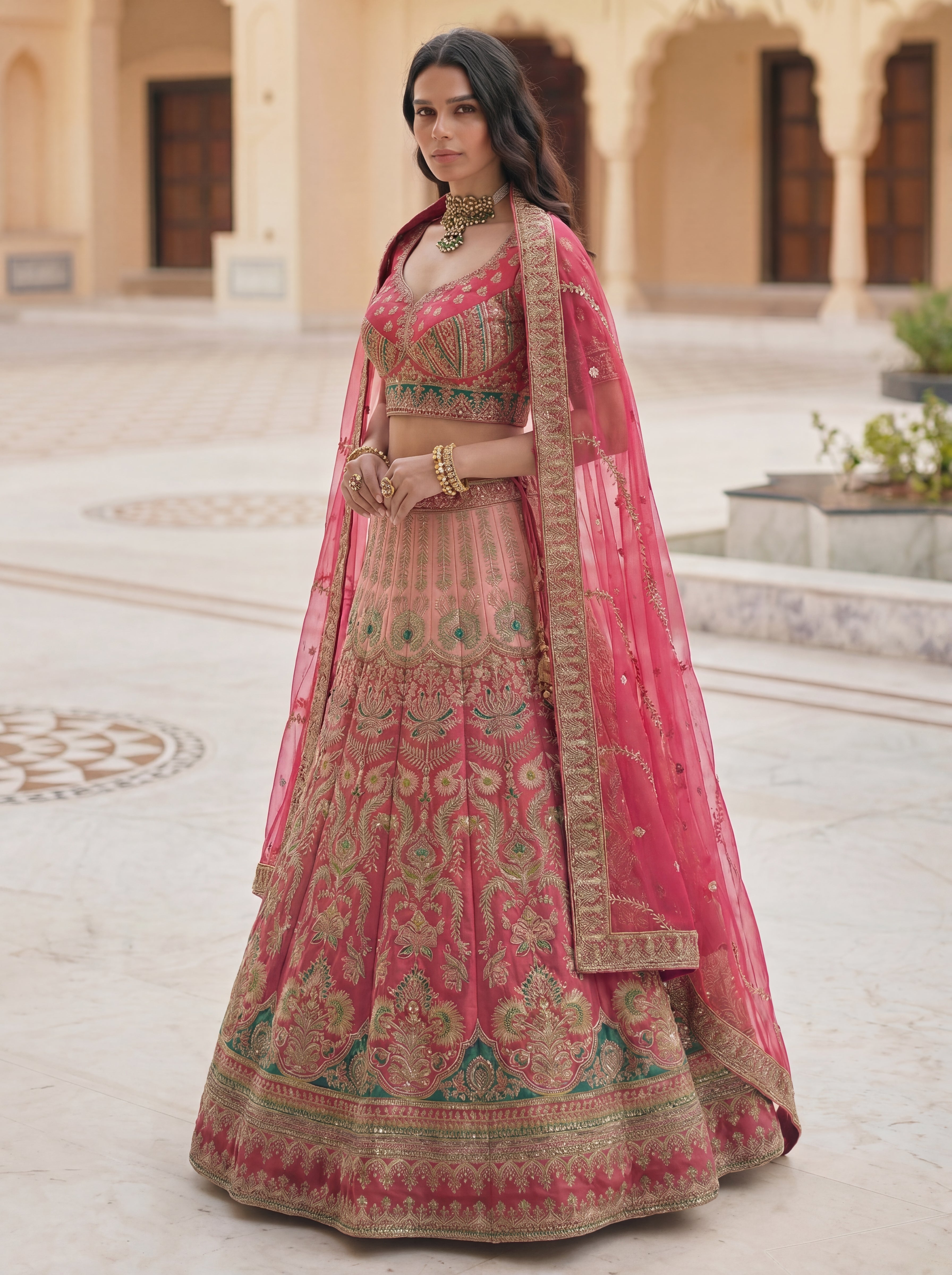 Rose Pink Viscose Sequins Mirror Wedding Lehenga Choli Set