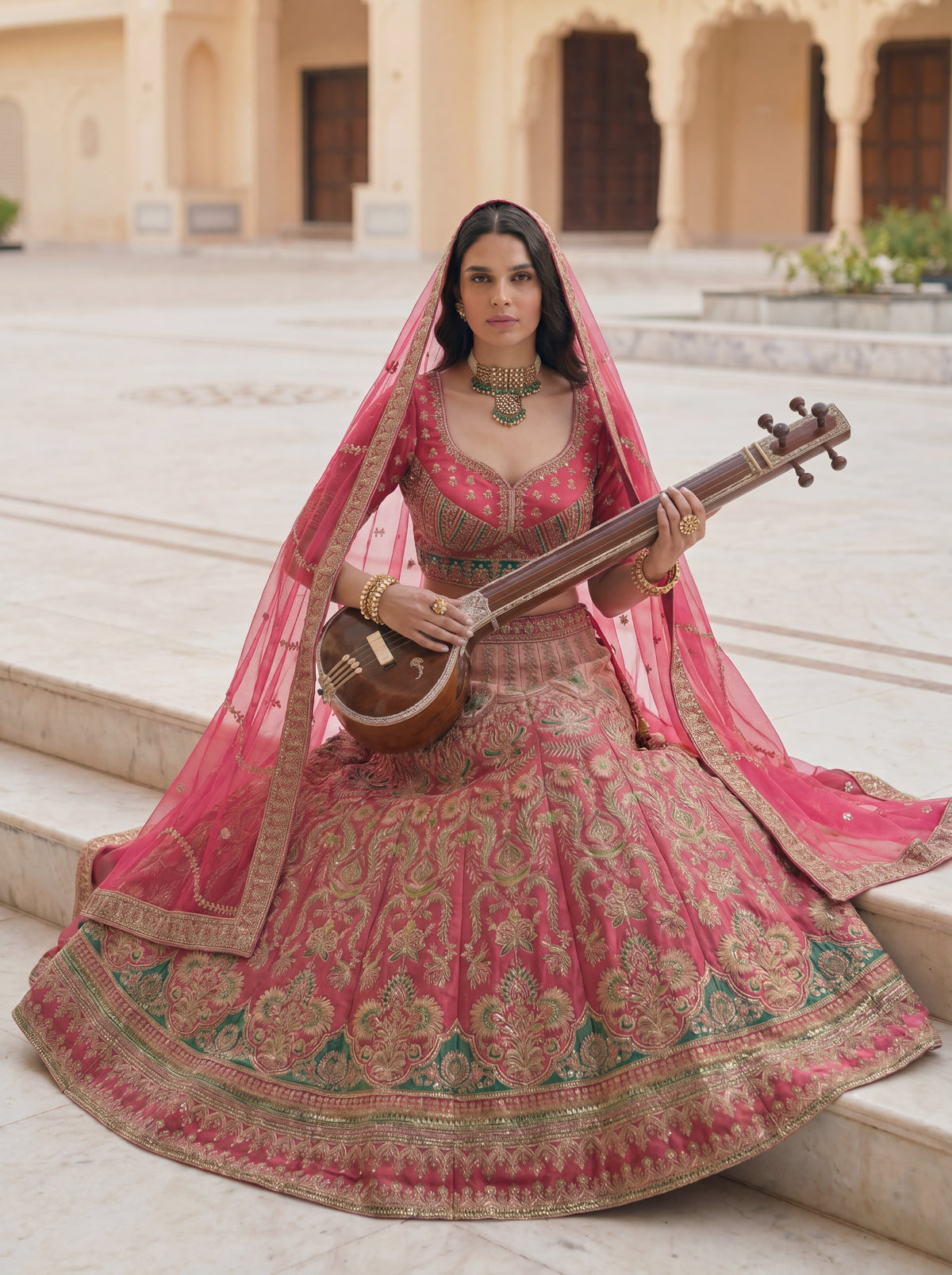 Rose Pink Viscose Sequins Mirror Wedding Lehenga Choli Set