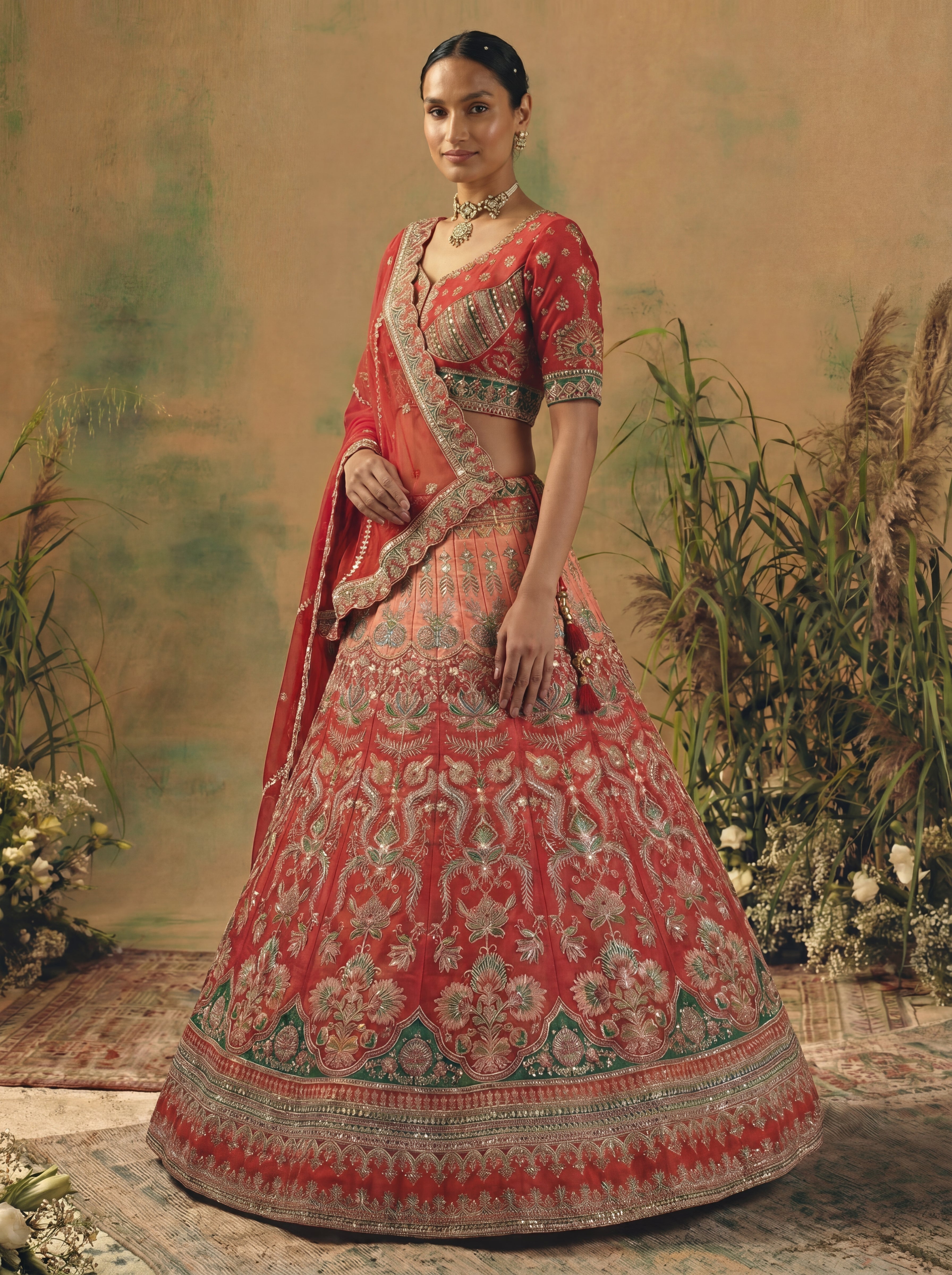 Coral Red Viscose Sequins Cording Bridal Lehenga Choli Set