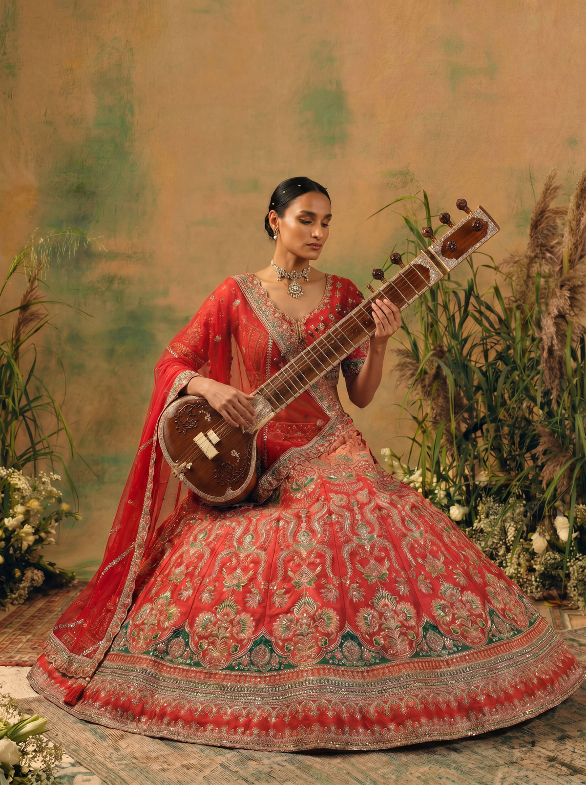 Coral Red Viscose Sequins Cording Bridal Lehenga Choli Set