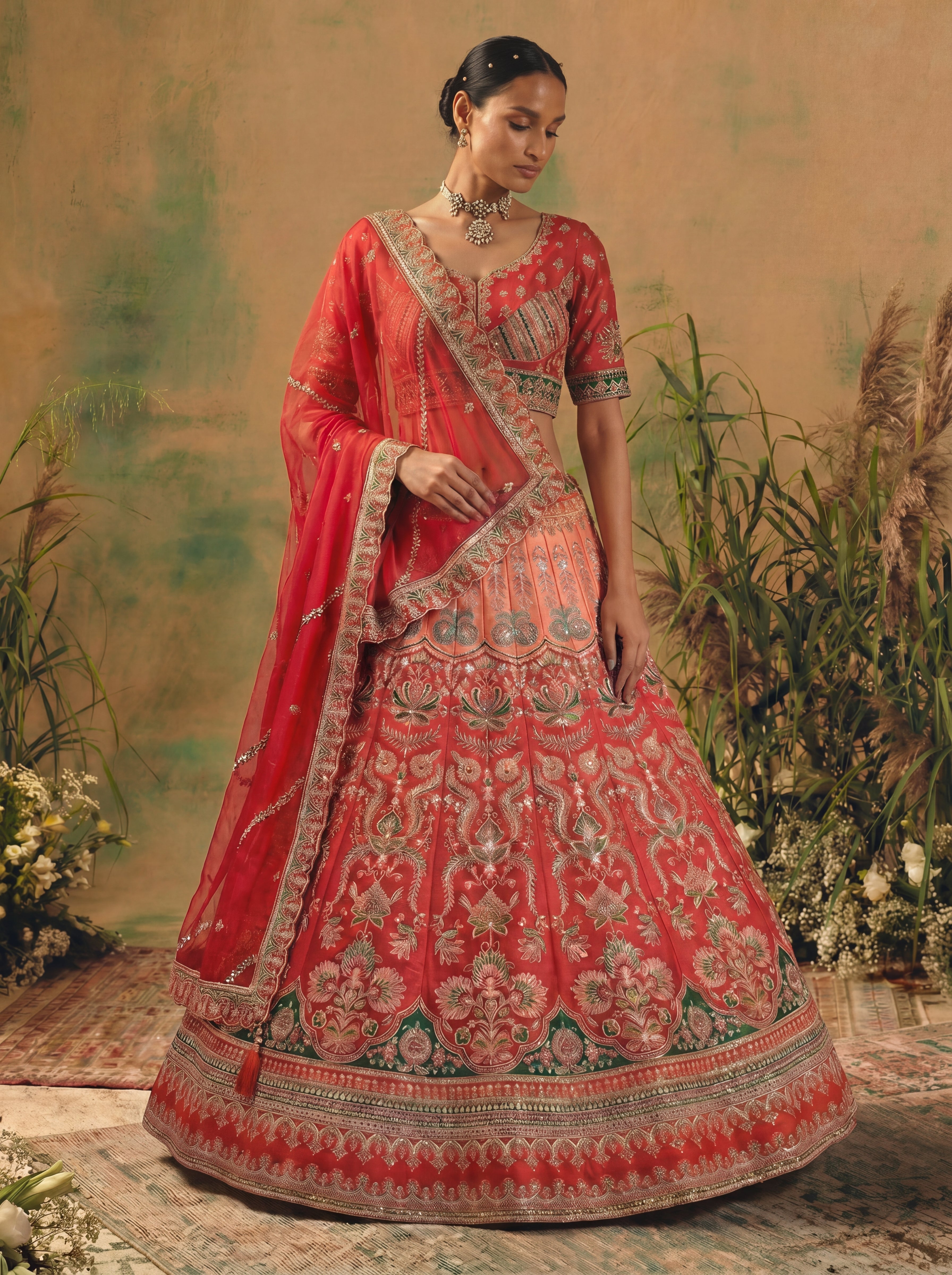 Coral Red Viscose Sequins Cording Bridal Lehenga Choli Set