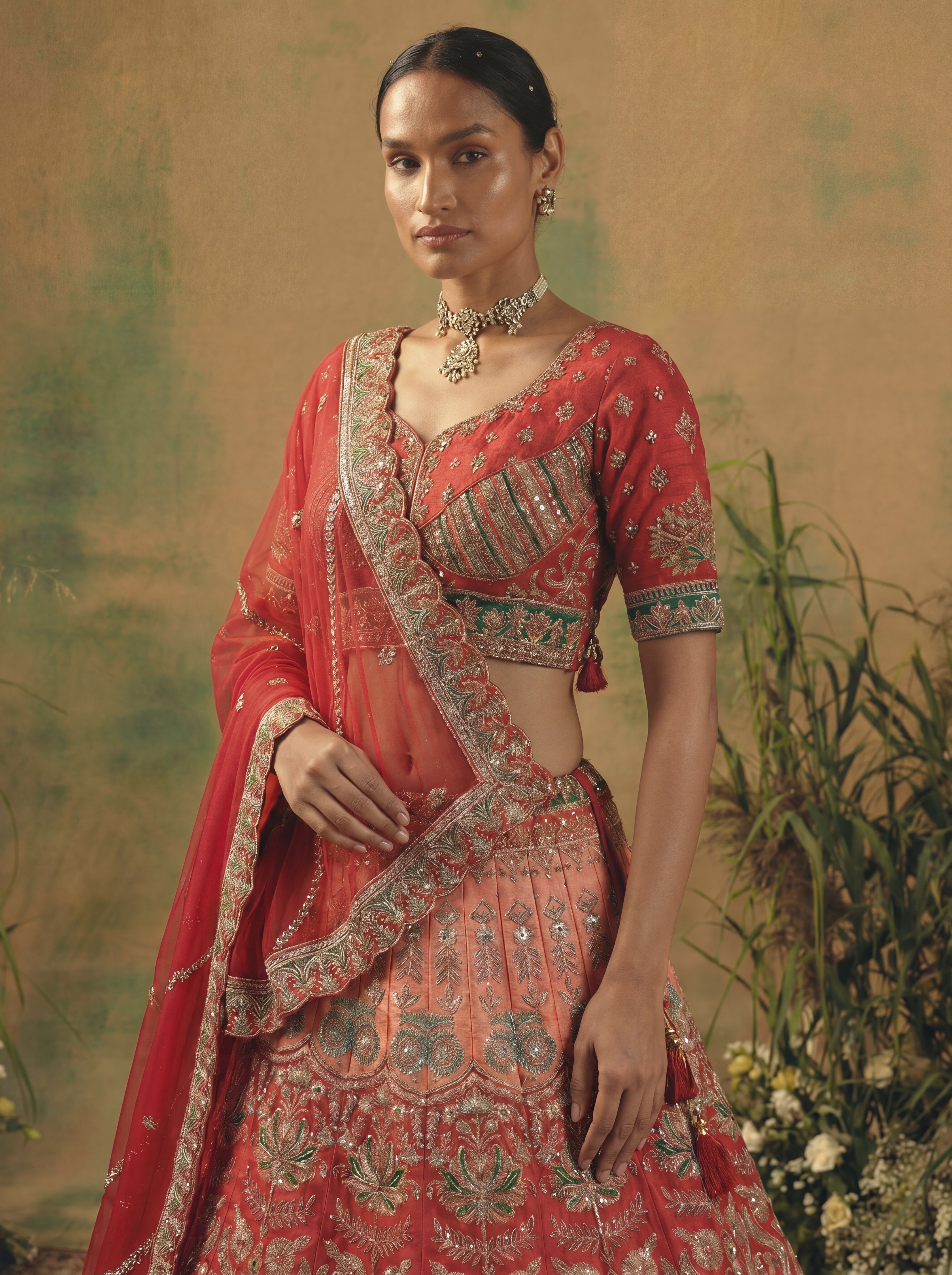 Coral Red Viscose Sequins Cording Bridal Lehenga Choli Set