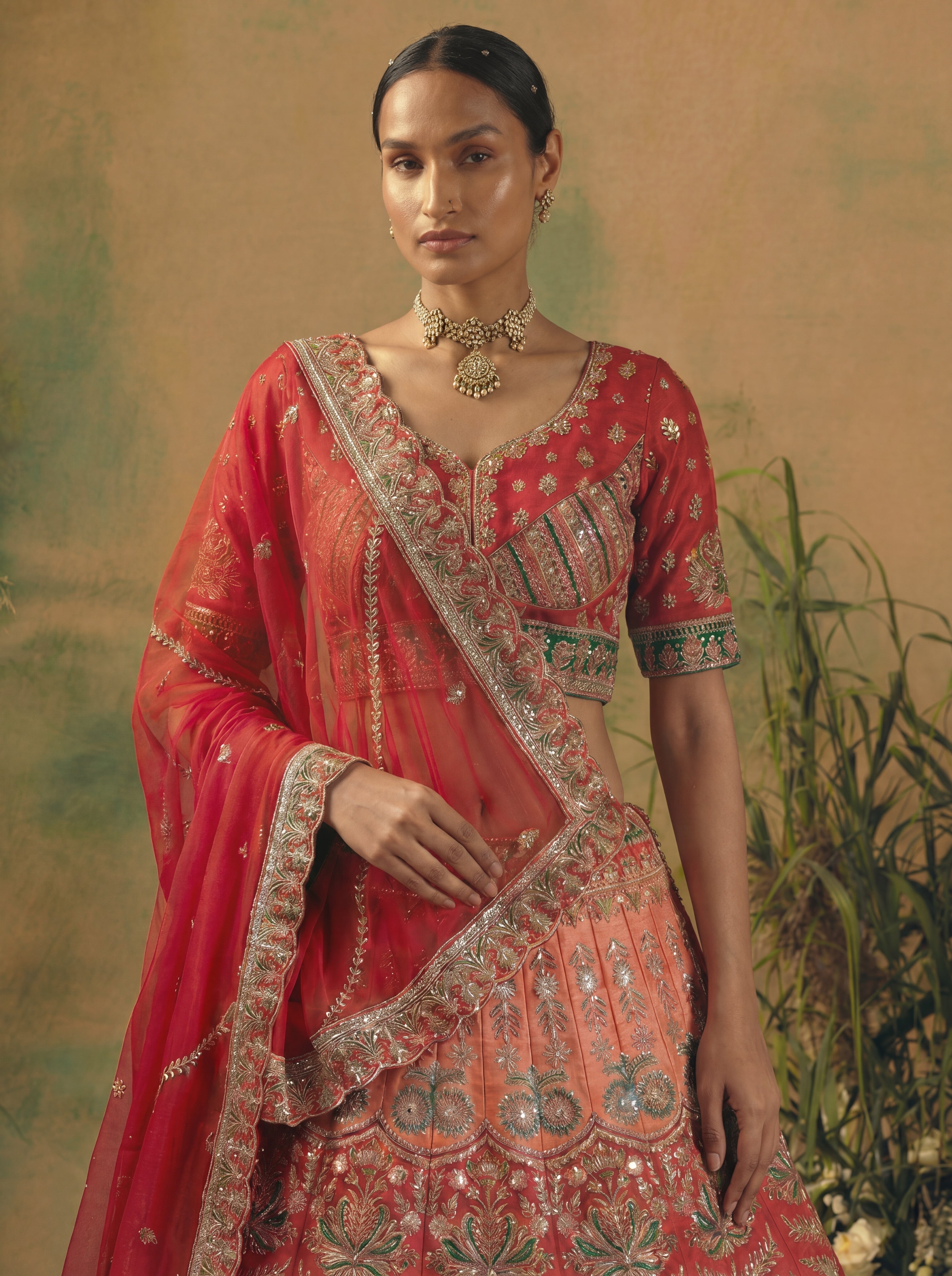 Coral Red Viscose Sequins Cording Bridal Lehenga Choli Set