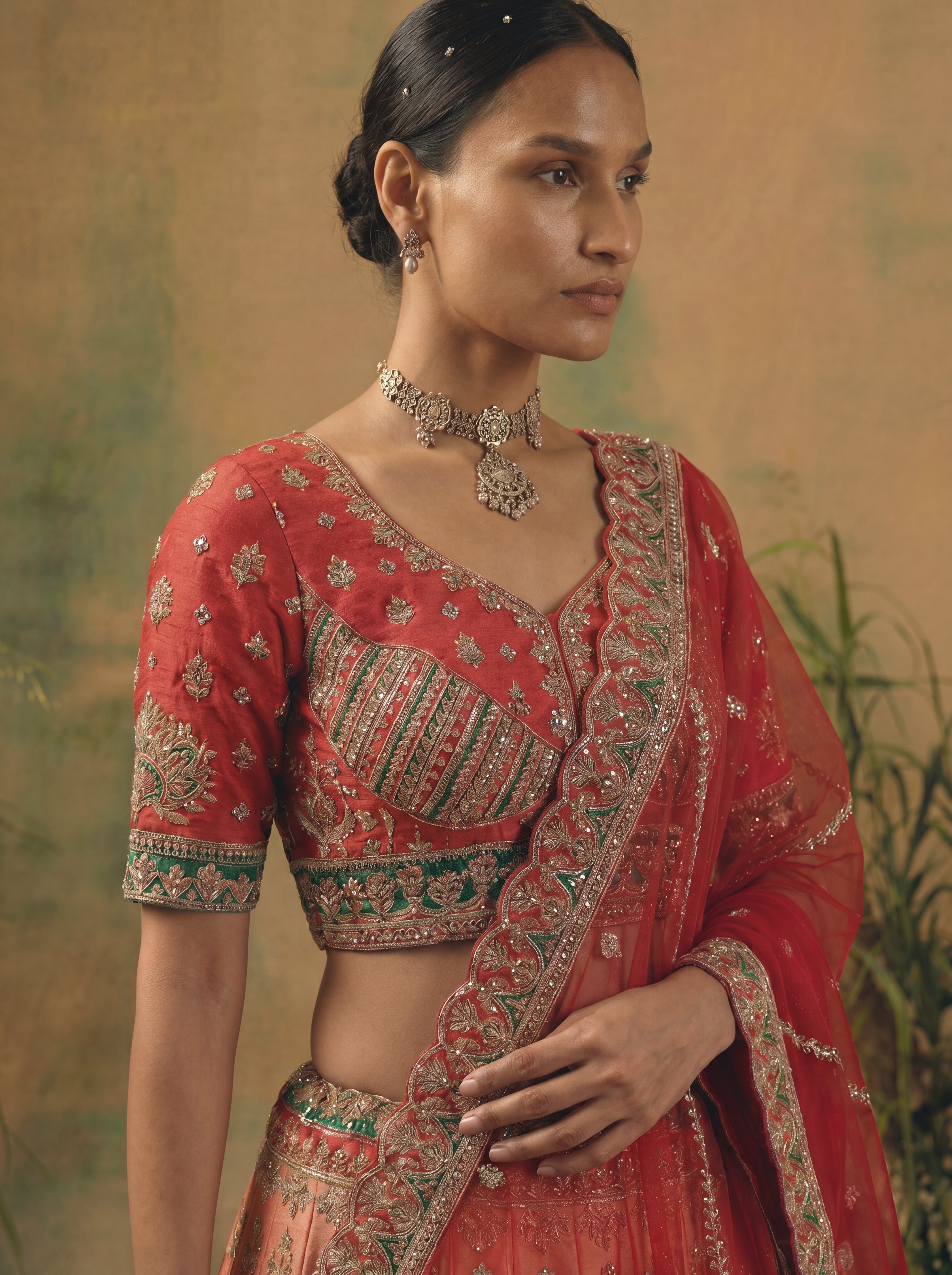 Coral Red Viscose Sequins Cording Bridal Lehenga Choli Set