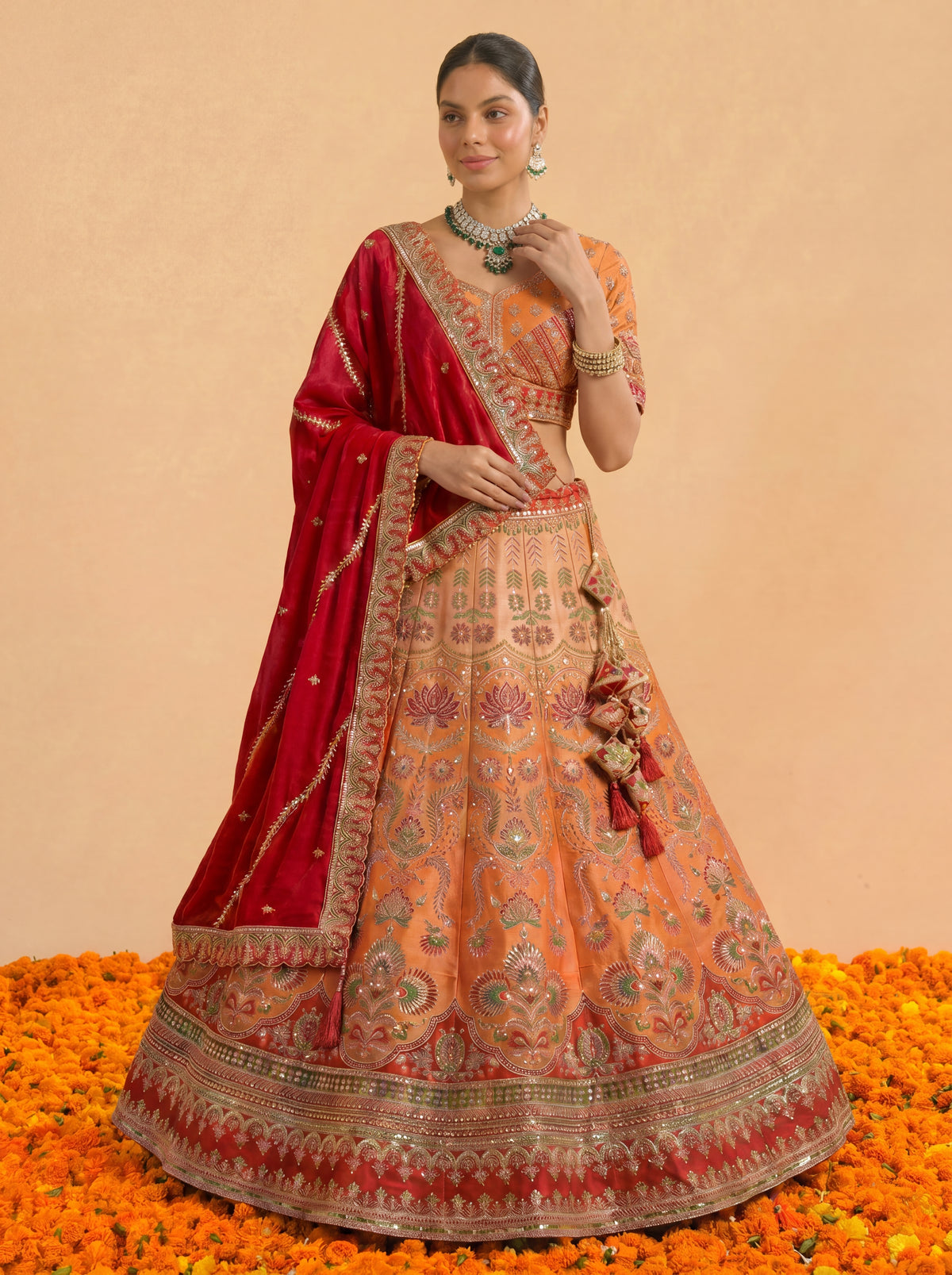 Orange Viscose Embroidered Sequins Bridal Lehenga Choli Set