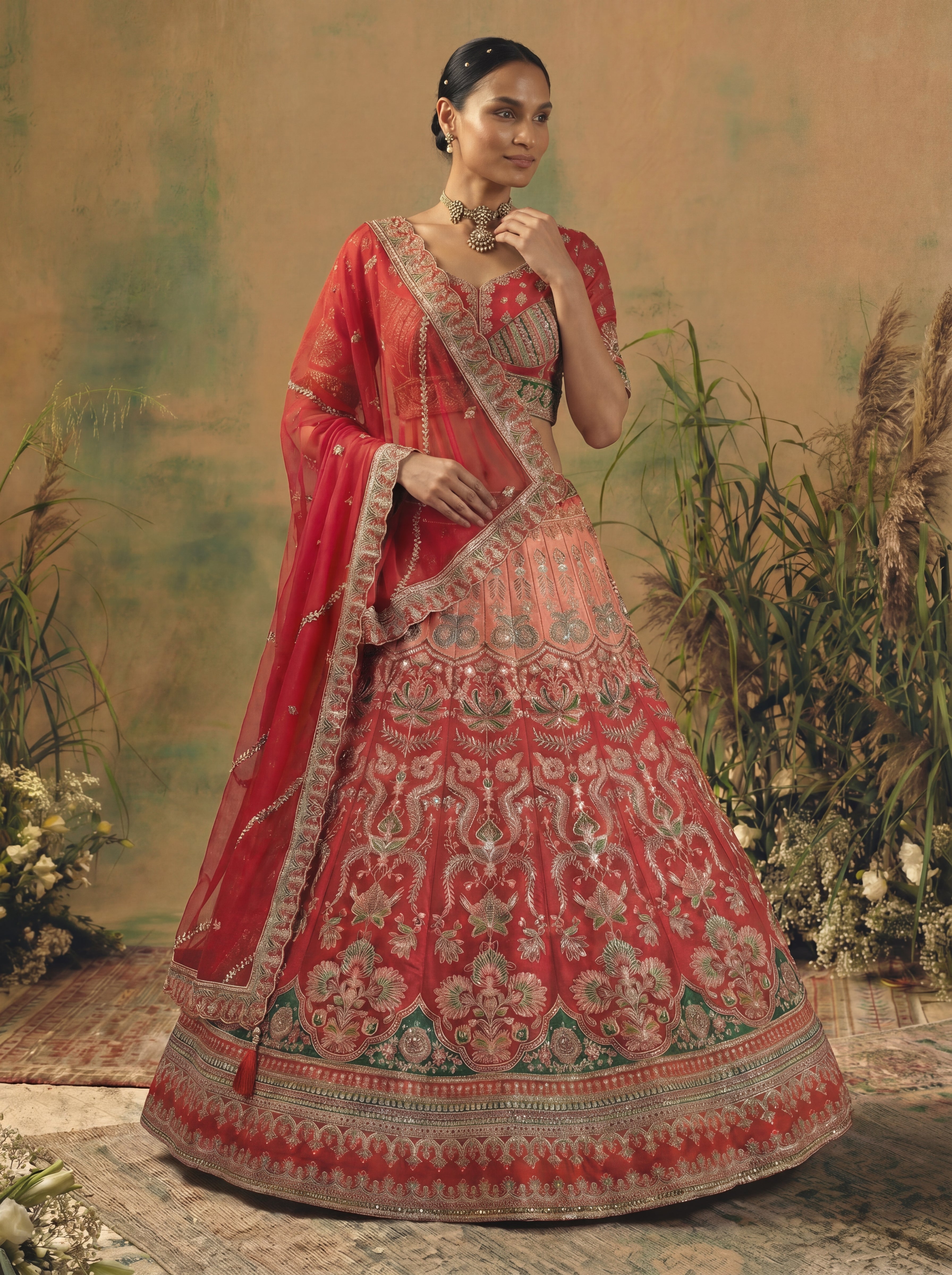 Coral Red Viscose Sequins Cording Bridal Lehenga Choli Set