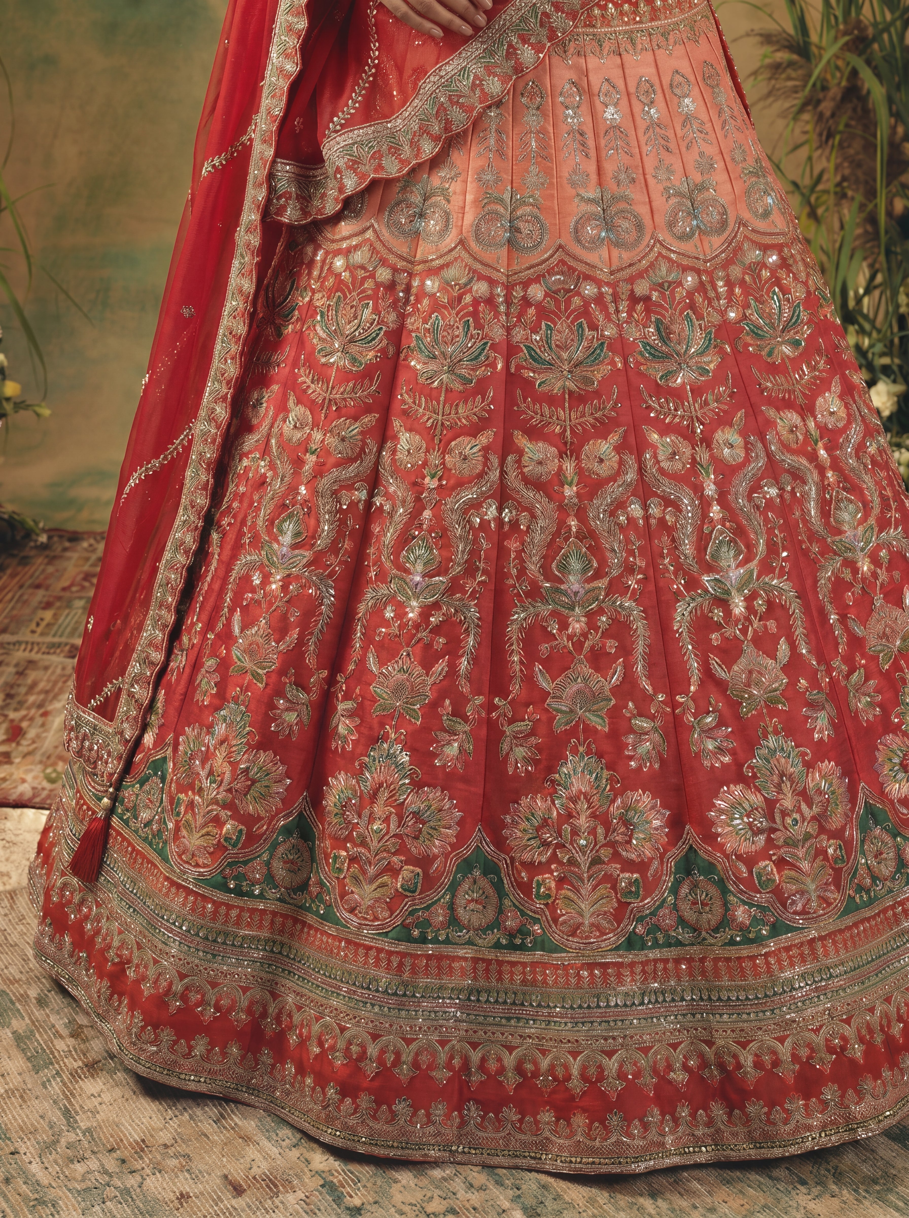 Coral Red Viscose Sequins Cording Bridal Lehenga Choli Set