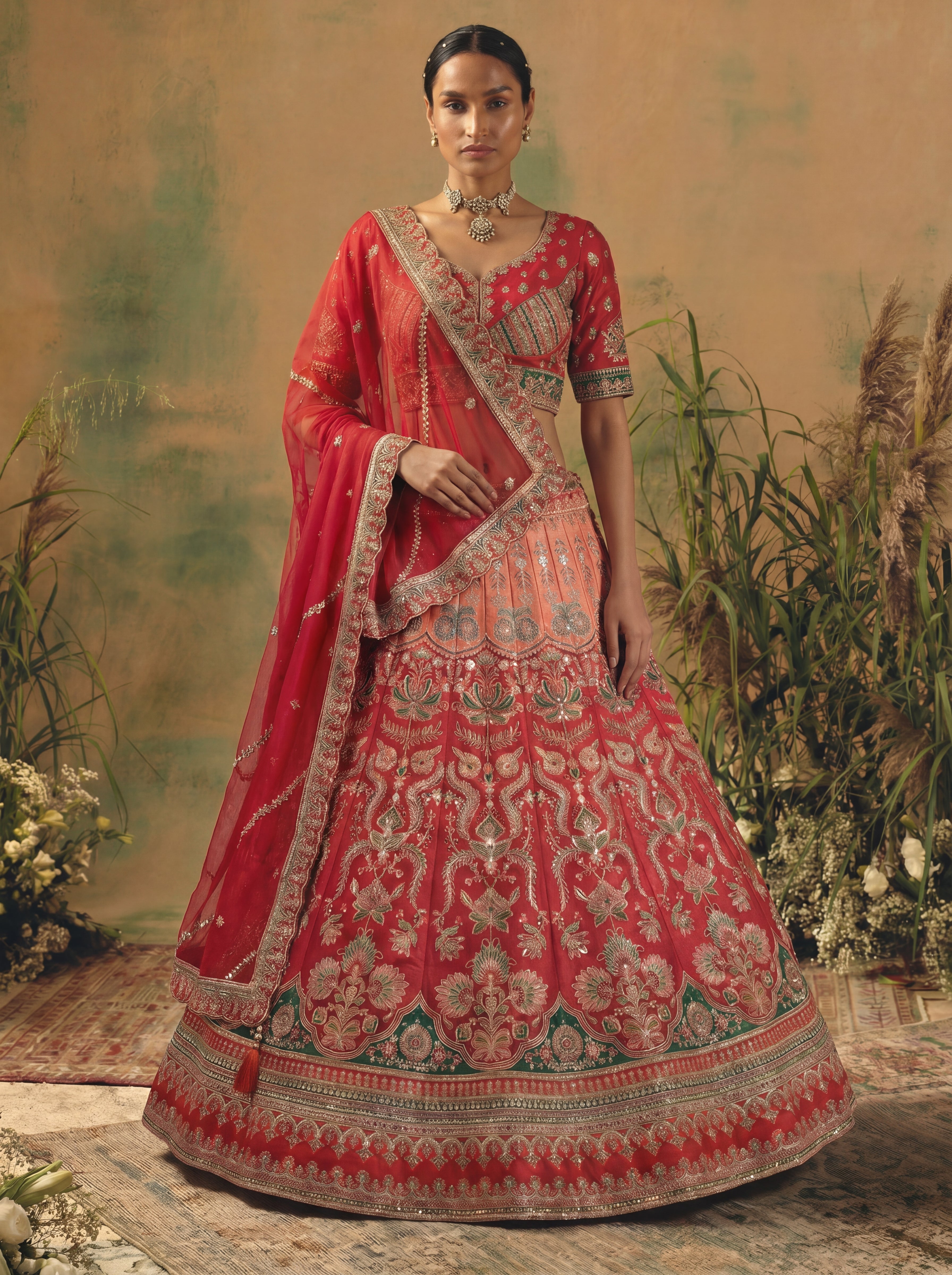 Coral Red Viscose Sequins Cording Bridal Lehenga Choli Set
