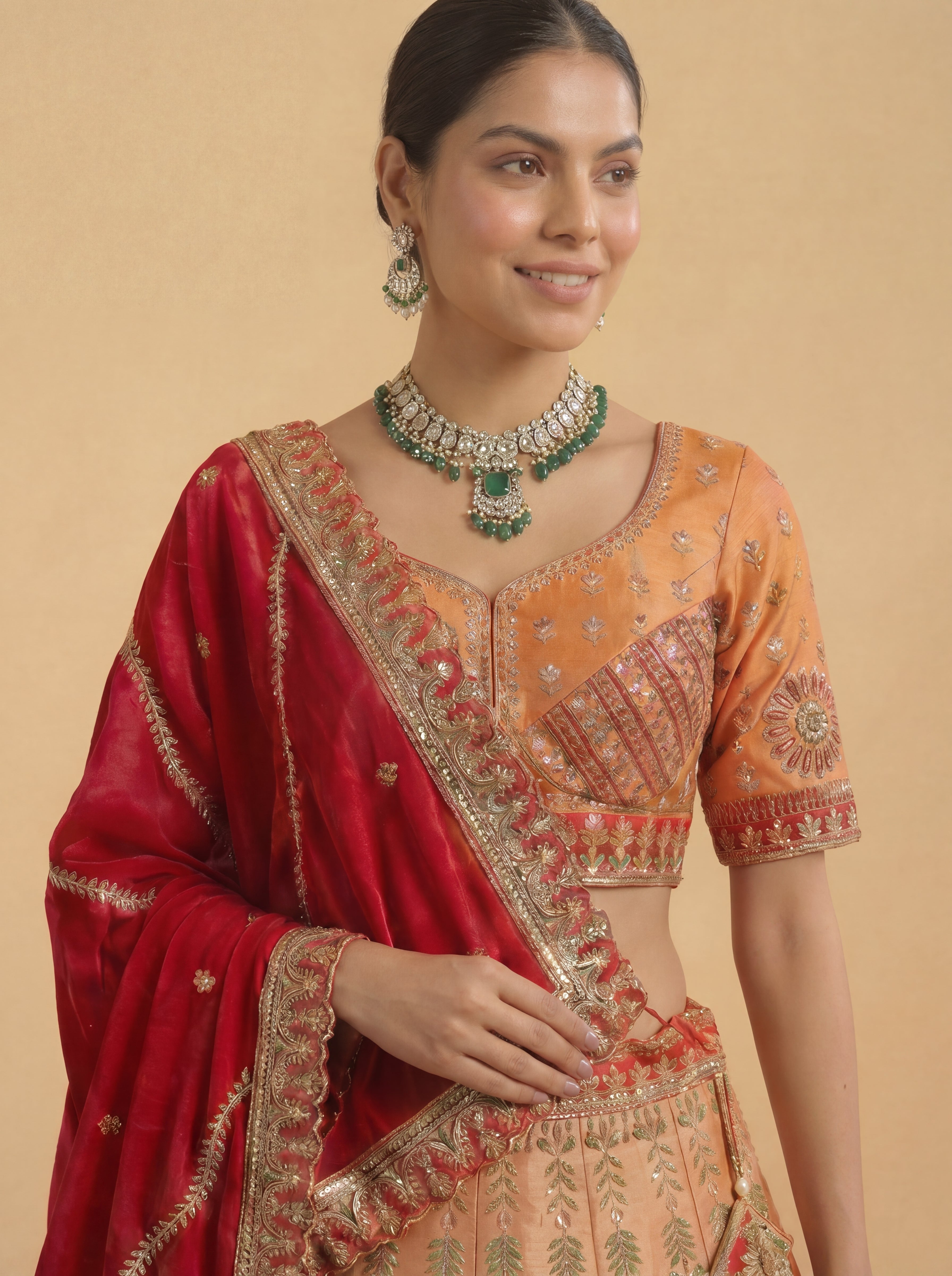Orange Viscose Embroidered Sequins Bridal Lehenga Choli Set