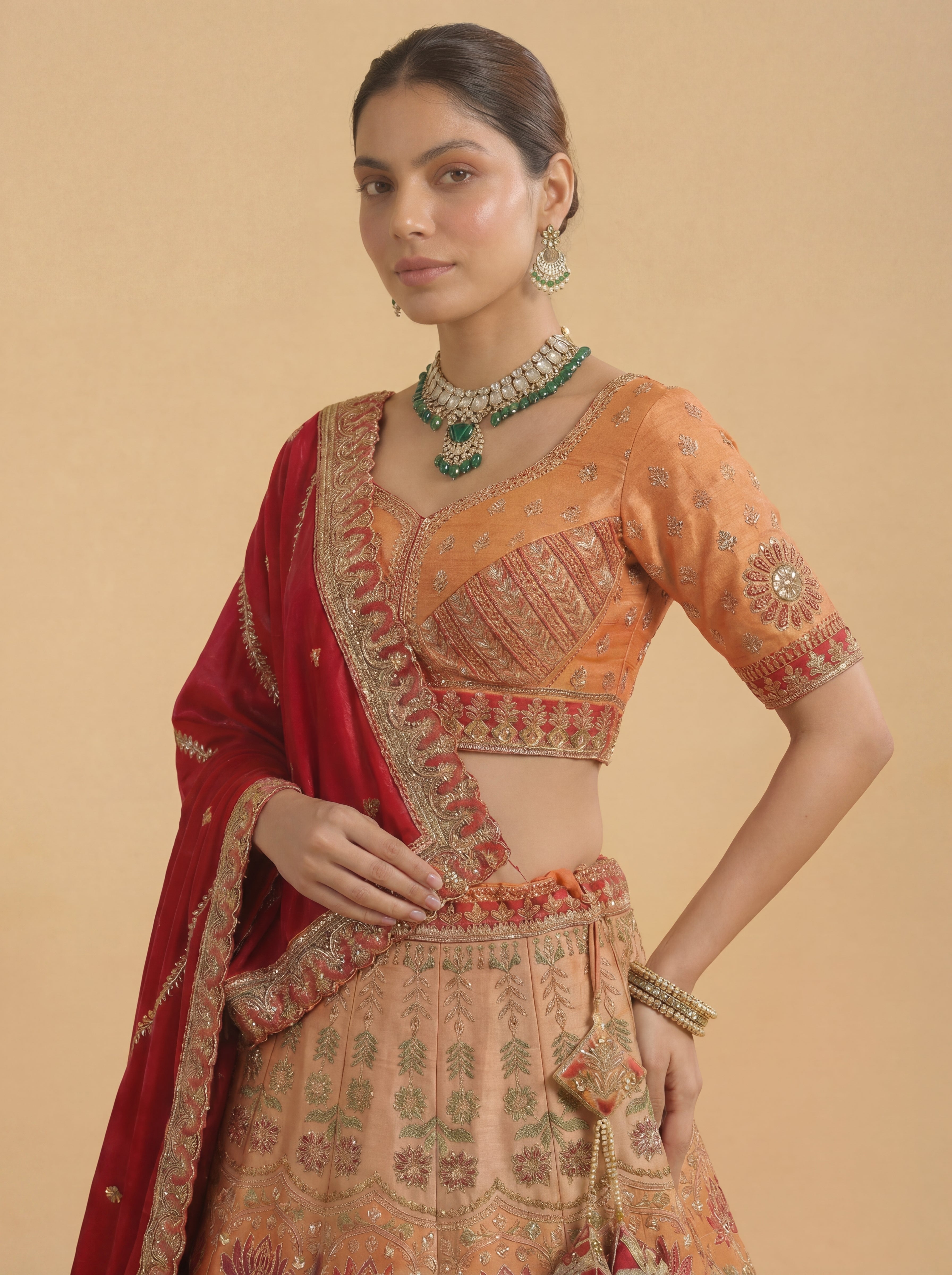 Orange Viscose Embroidered Sequins Bridal Lehenga Choli Set