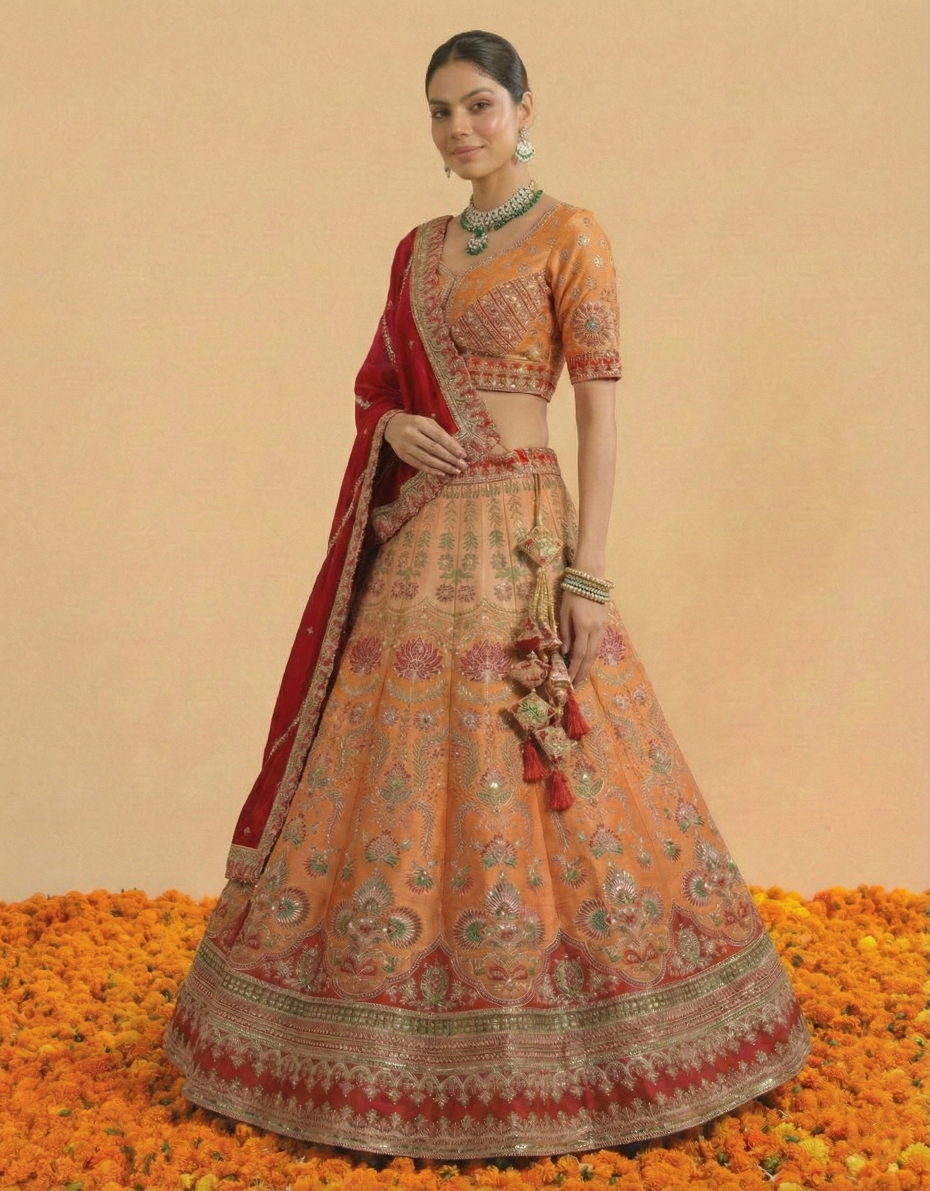 Orange Viscose Embroidered Sequins Bridal Lehenga Choli Set