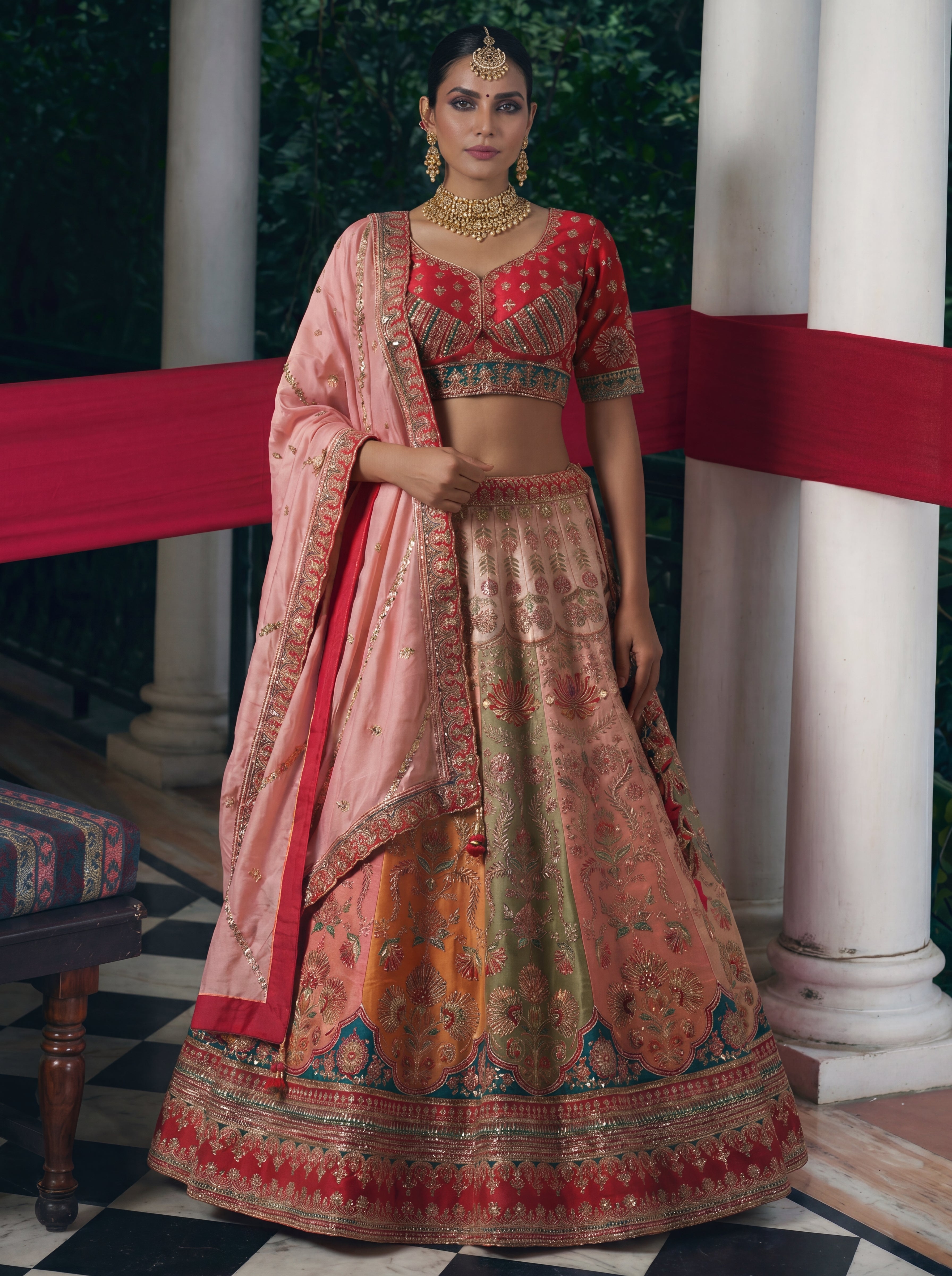 Coral Peach Viscose Sequins Cording Bridal Lehenga Choli Set
